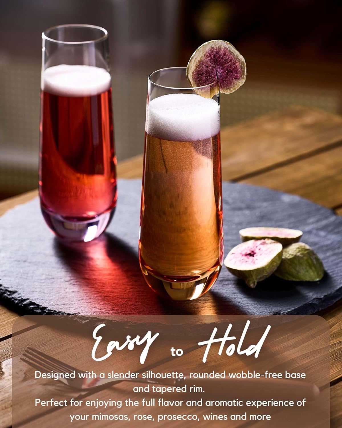 ColoVie Stemless Champagne Glasses Set of 6- Colored Champagne Flutes- Wedding Toasting Glass- Bridesmaid Gift- Mimosa Glass- Crystal Bar Glassware- Birthday Cocktail Party, 9.6oz