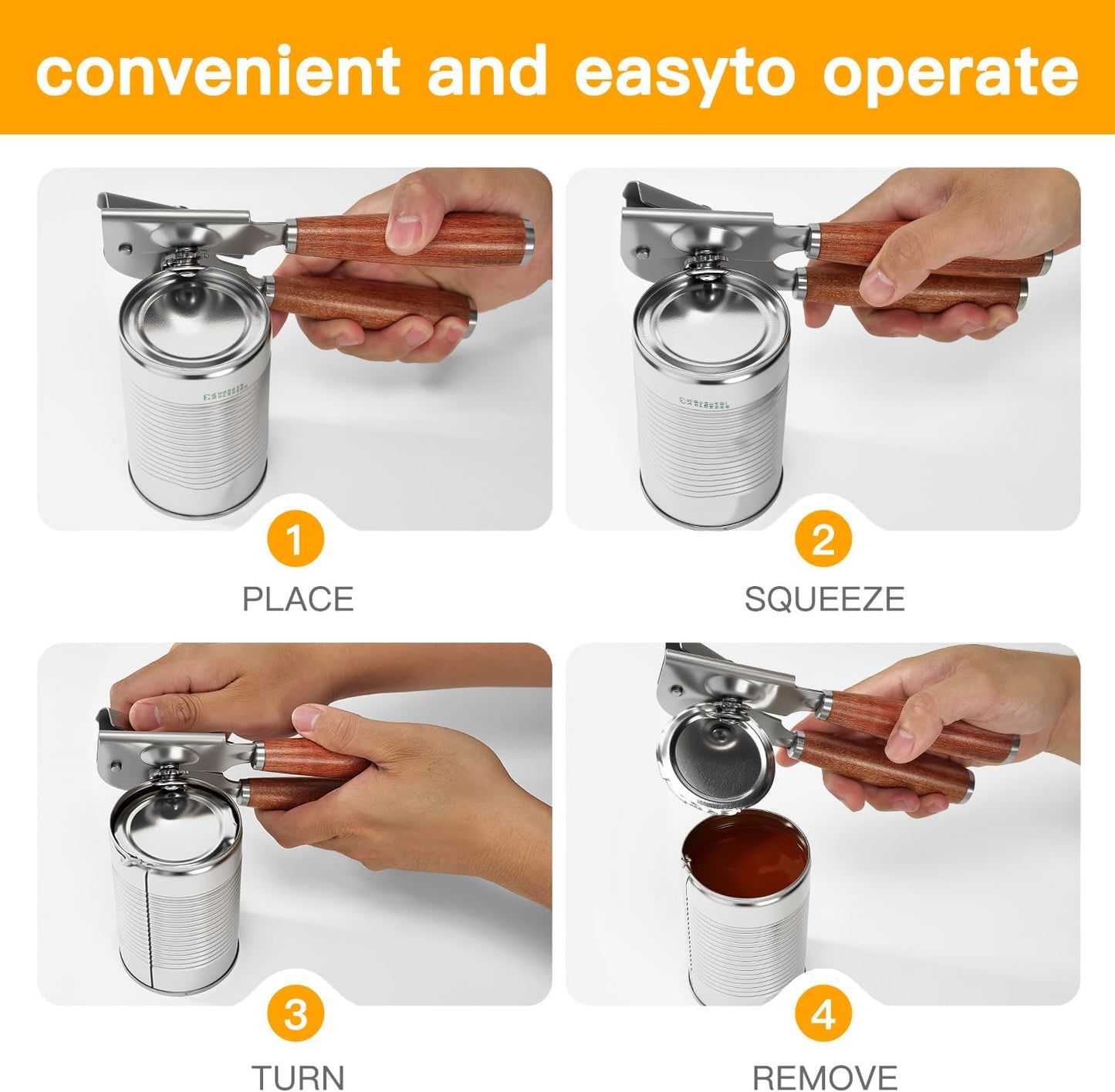 Upgraded Efficient Manual Can Opener - Selected Solid Wood Handle, Sharp and Smooth Blade Edge, Portable Design, Easy-Open Large Knob, Versatile for Various Bottle Caps(Rosewood)