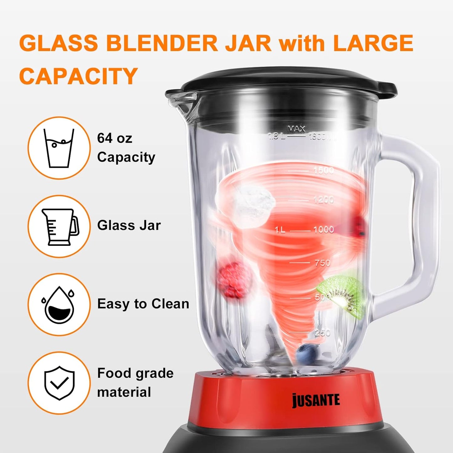 Blender, Countertop Blender for Smoothies with 64 oz Glass Jar Kitchen, 1200 Watts High Speed Juicer Blender Ice Crusher for Shakes Frozen Drinks (Red)