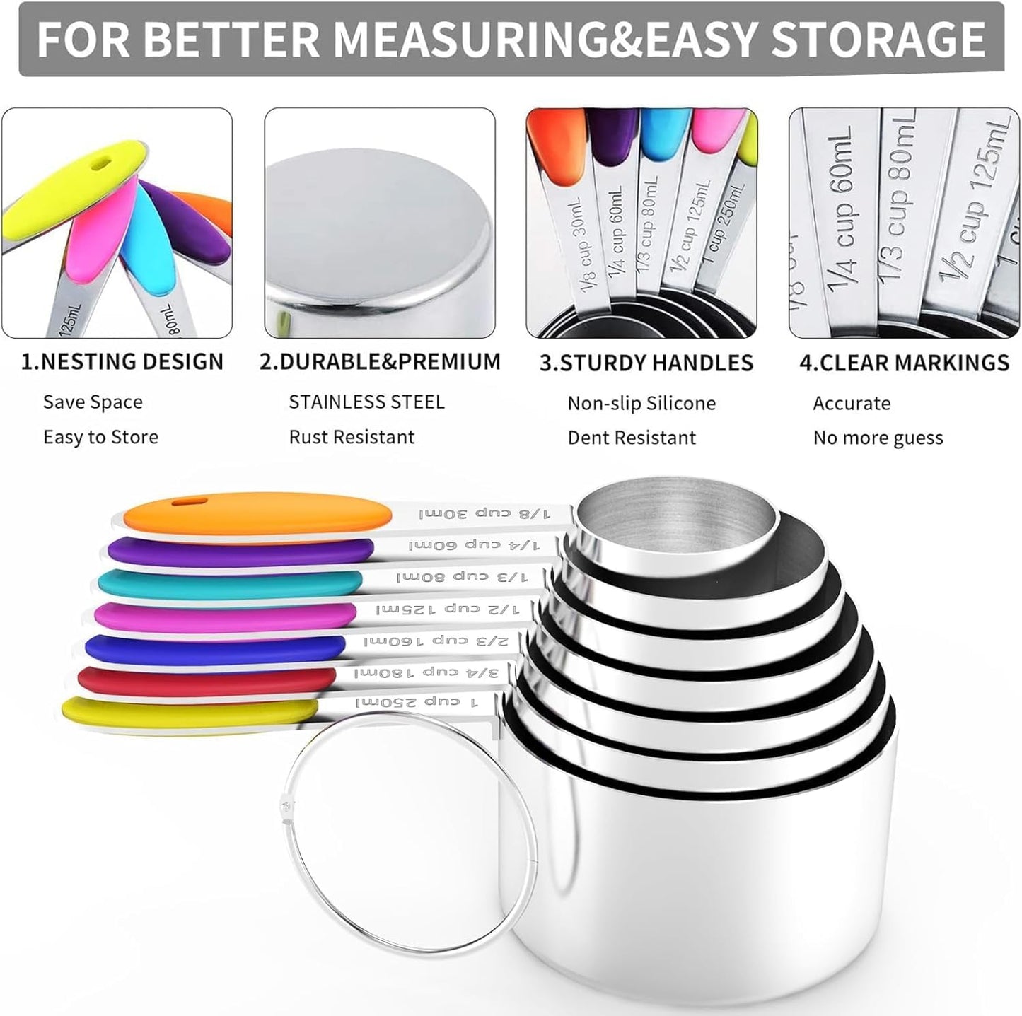 TILUCK measuring cups and magnetic measuring spoons set, stainless steel measuring cups, 6 double-sided stainless steel measuring spoons & 1 leveler (14)