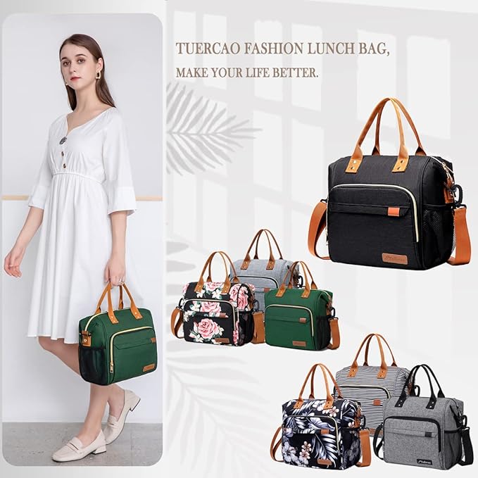 TuErCao Insulated Lunch Bag Adult Lunch Box for Women for Work Leakproof Soft Cooler for Beach Travel Picnic, Dark Green