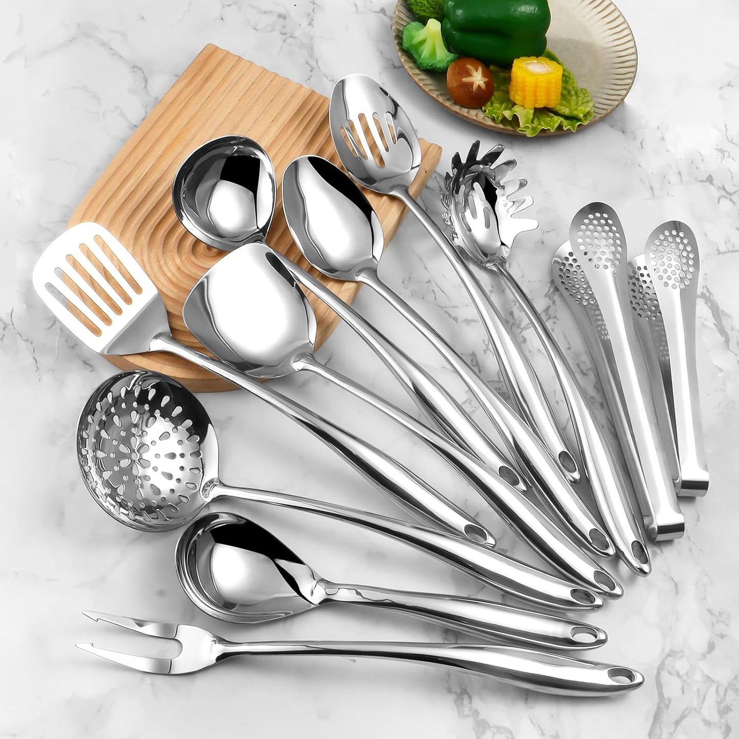 304 Stainlss Steel Kitchen Utensils Set, 11 Pcs Long Metal Cooking Utensil Gadgets Tools Set with Spatula, Spoon, Ladle, Skimmer, Turner, Pasta Server, Tongs(Mirror Polished, Dishwasher Safe)