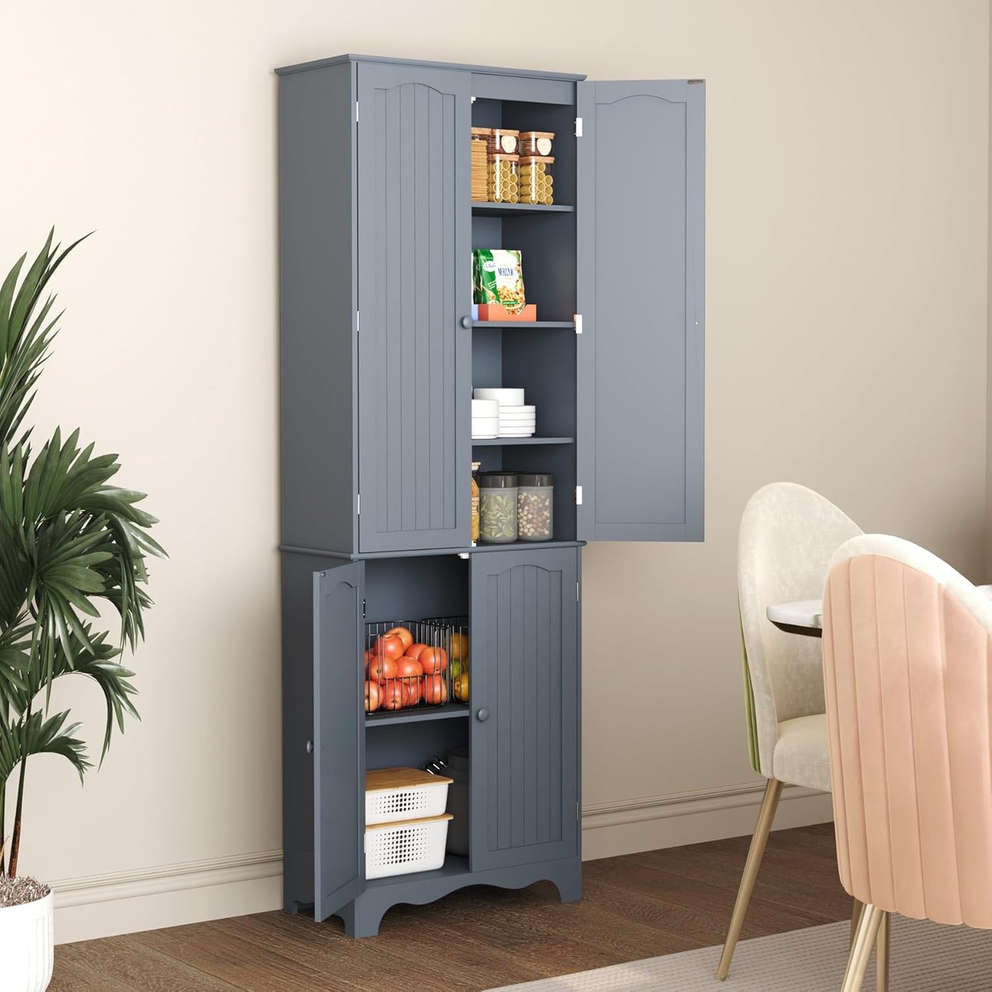 Function Home Tall Pantry Cabinet, Freestanding Storage Cabinet, Wooden Kitchen Pantry with 4 Doors and 5 Shelves, 72" Floor Cabinet Organizer for Kitchen Living Room Bathroom, Grey