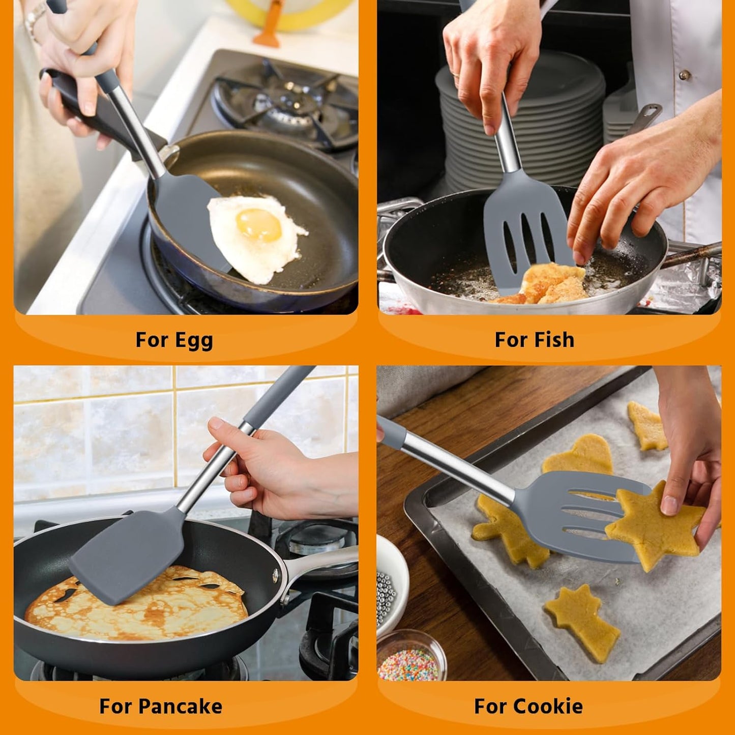 Silicone Spatula Set of 2, E-far Solid & Slotted Turner for Nonstick Cookware, Heat Resistant Rubber Kitchen Cooking Utensils for Flipping Fish Pancake Egg - Grey