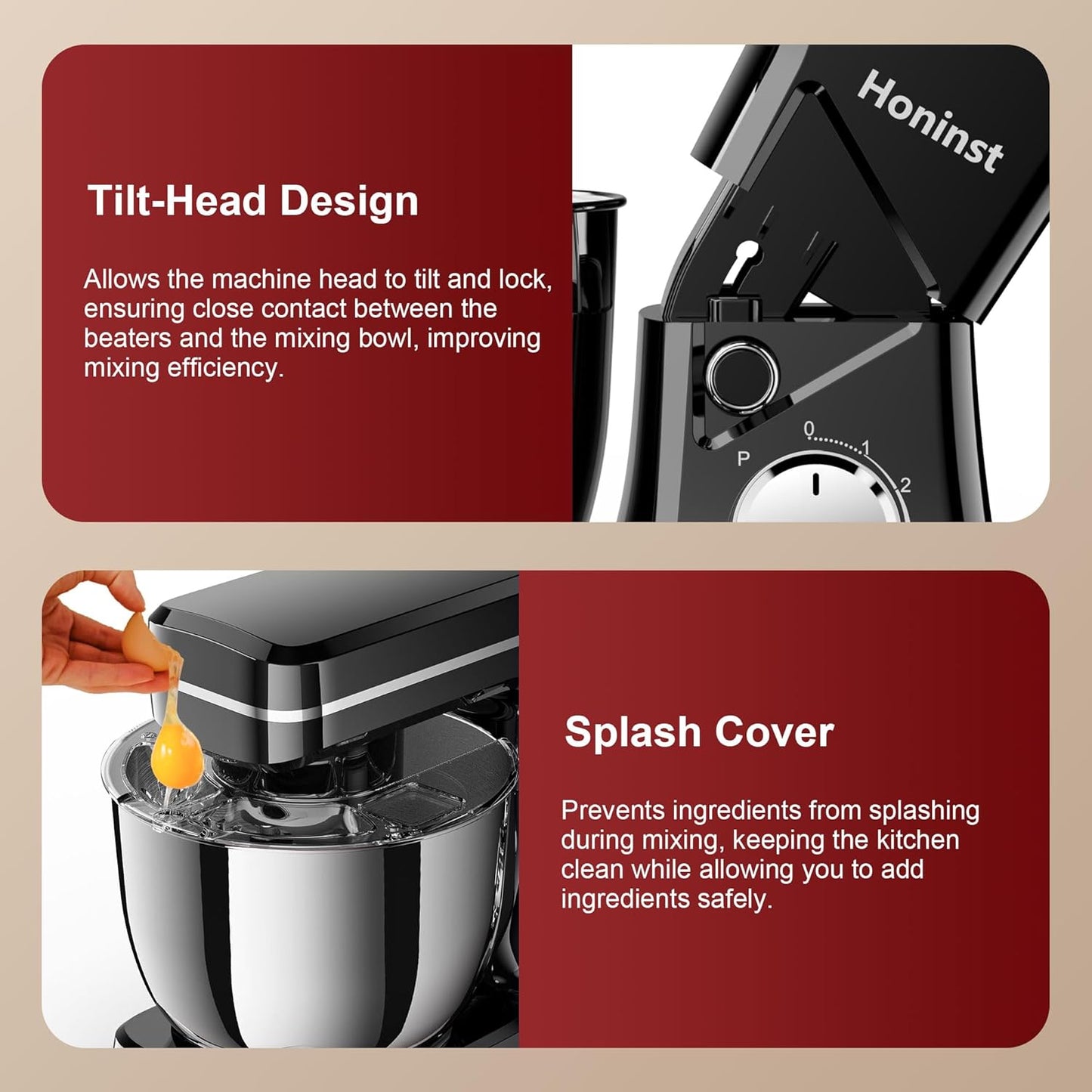 Stand Mixer, 10-Speed Kitchen Electric Mixer, 6QT Food Mixer with 8-in-1 Splash Guard, Dishwasher-Safe Dough Hook/Whisk/Beater/Spatula, Dough Mixers for Baking, Black