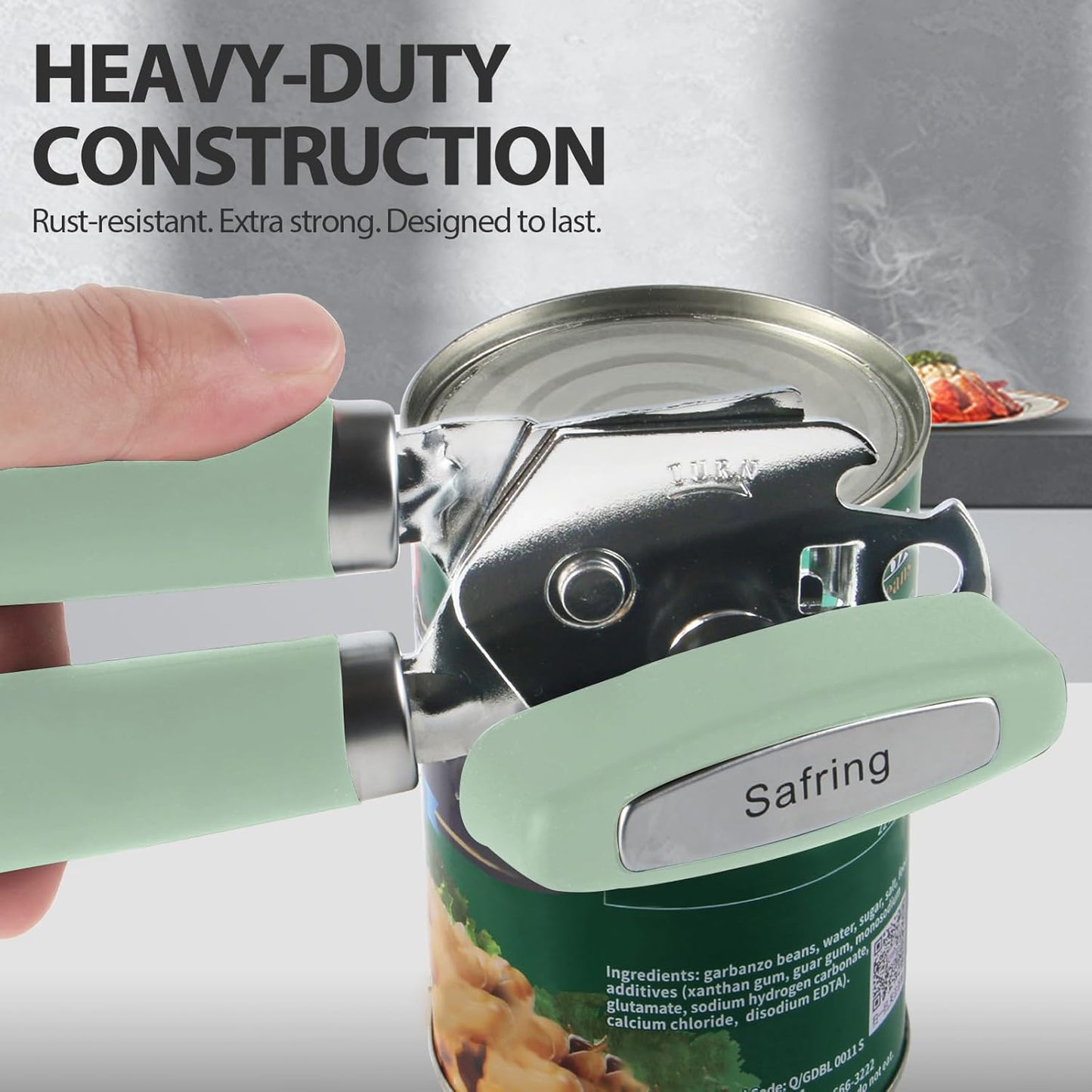 Can Opener Manual, Heavy Duty Handheld Strong Can Opener with Soft Touch Handle, Sharp Blade Smooth Edge, Can Openers with Multifunctional Bottle Opener, Mint
