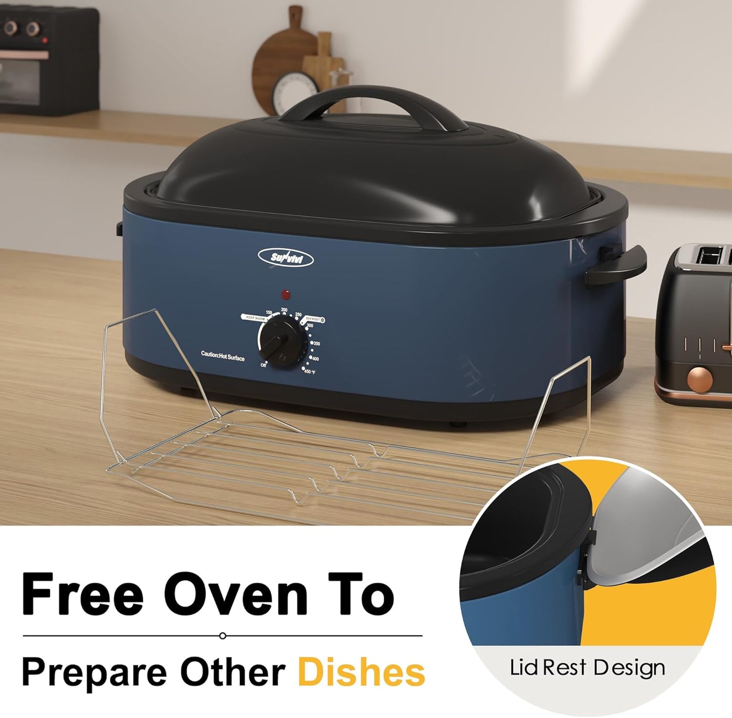 Sunvivi 22lb 18-Quart Roaster Oven, Electric Roaster Oven with Self-Basting Lid, Turkey Roaster with Unique Defrost/Warm Function, Large Roaster with Removable Pan & Rack, Stainless Steel, Blue
