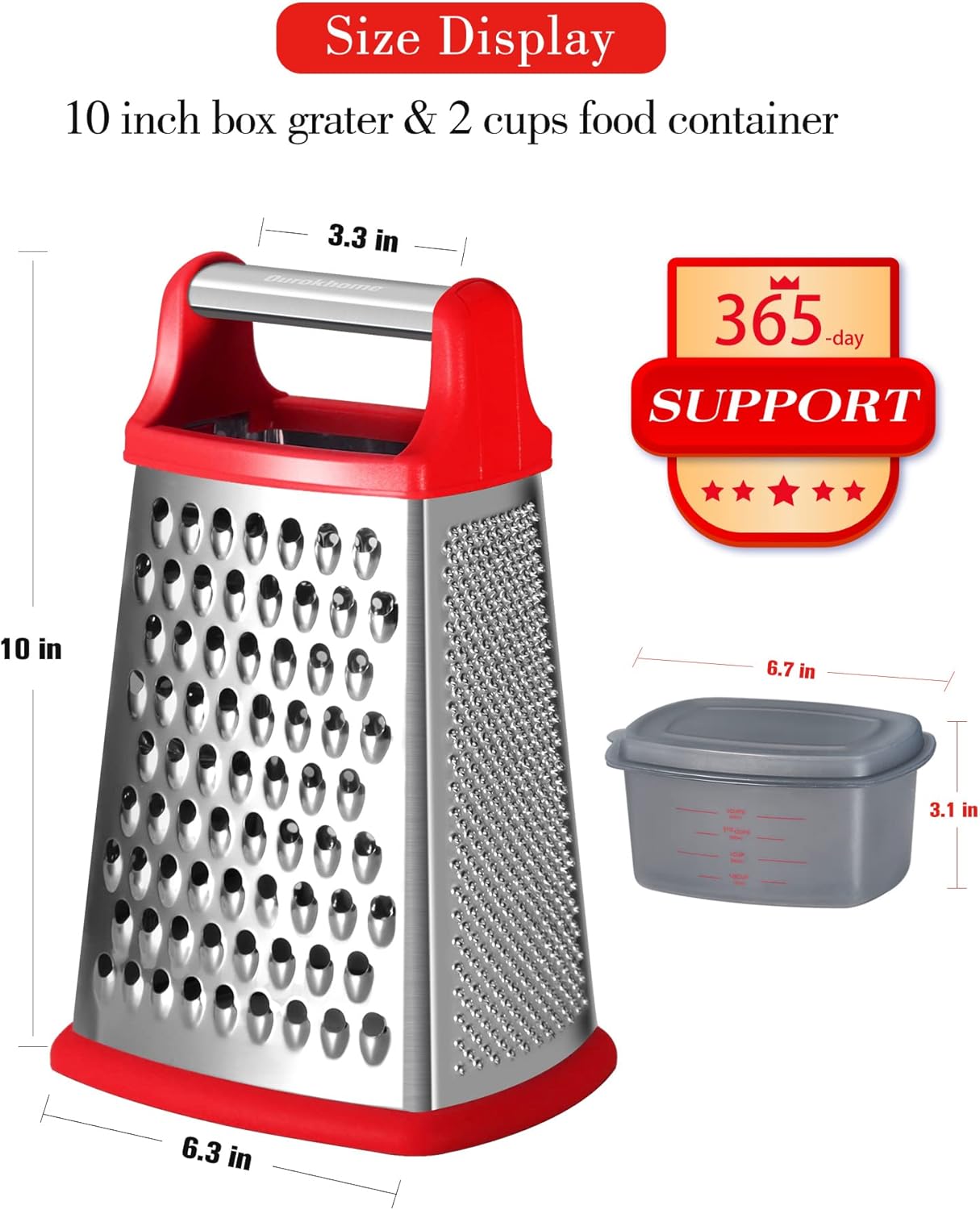 Ourokhome Cheese Grater with Handle, Stainless Steel Box Grater, 4 Side Kitchen Vegetable Shredder Slicer Zester with Container for Parmesan, Cabbage, Ginger, Lemon, Chocolate, Coconut (Red)