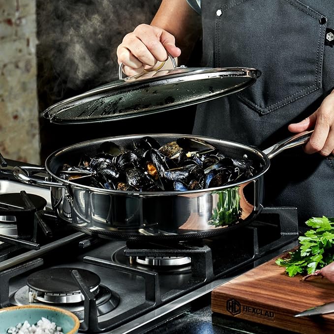 HexClad Hybrid Nonstick 5.5-Quart Deep Sauté Pan with Tempered Glass Lid, Stay-Cool Handle, Dishwasher-Friendly, Oven-Safe Up to 900°F, Induction Ready, Compatible with All Cooktops