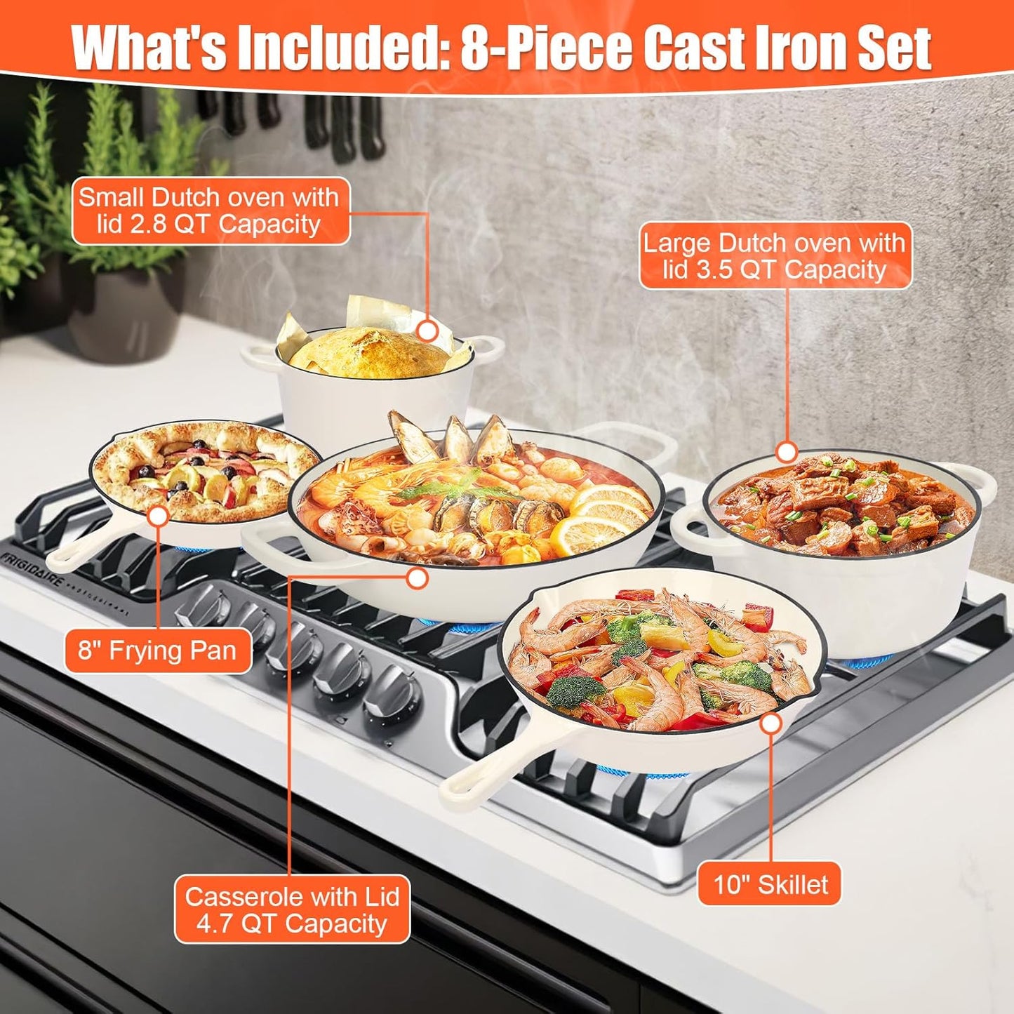 Nonstick Enameled Cast Iron Cookware Set - 8 Piece Pots and Pans with Lid, Frying Pan, Skillet, Dutch Oven Set for All Stovetops, Ideal for Sourdough Bread Baking, Comes with Organizer, Cream White
