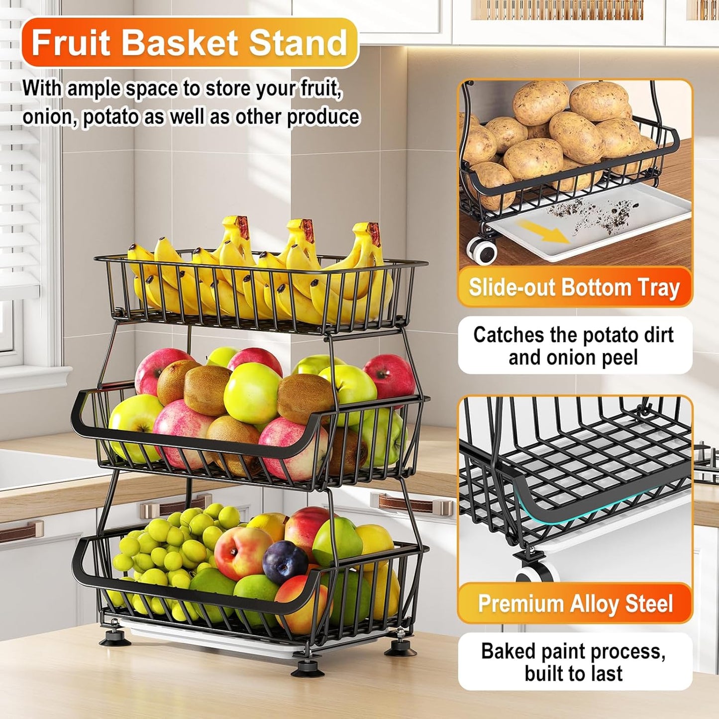 Miyawell 3-Tier Rolling Pantry Cart with Wheels, Stackable Wire Storage Floor Organizer for Kitchen Pantry Snack Shelves, Fruit Basket Stand, Vegetable Storage Rack for Food Snacks Onion Potato