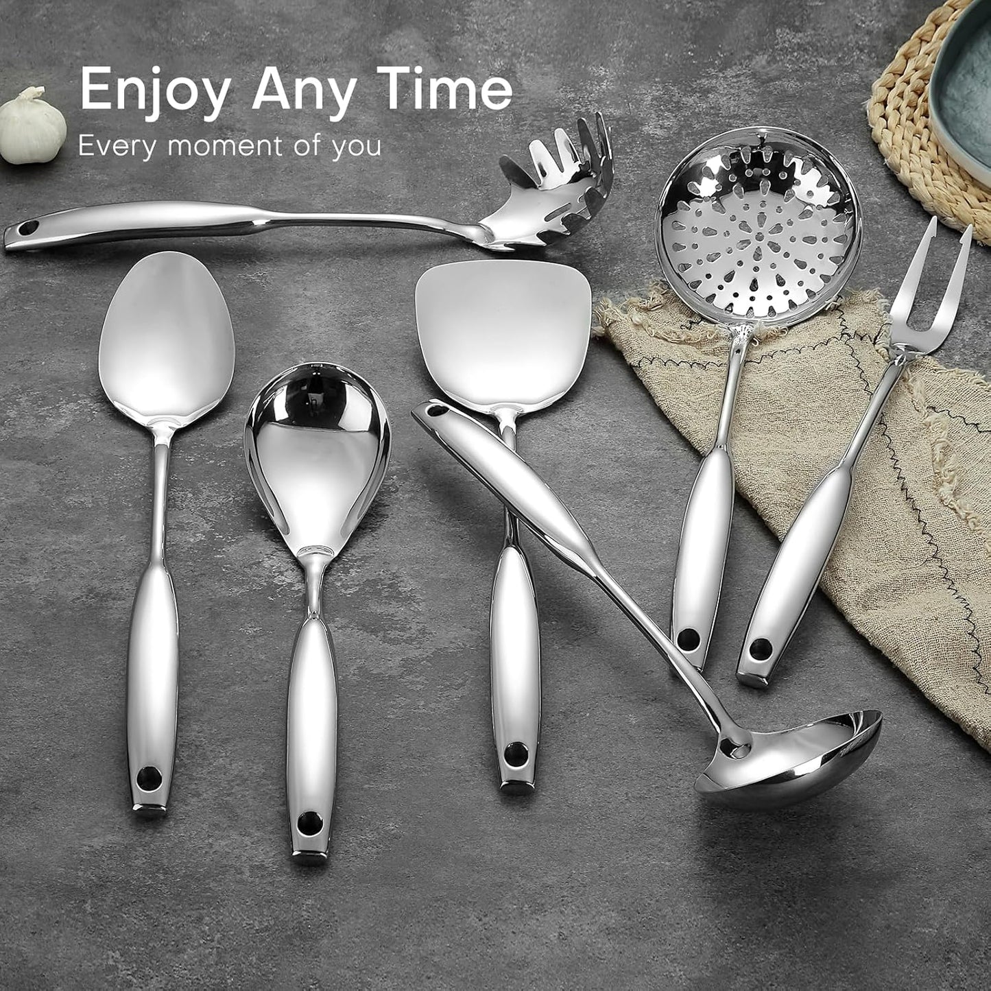 Lazycorner 304 Stainless Steel Kitchen Utensils Set 9-Piece Polished Mirror Finish Cooking Spoons, Slotted Spoon, Turner, Spatula, Pasta Spoon– Dishwasher Safe, Rust-Resistant