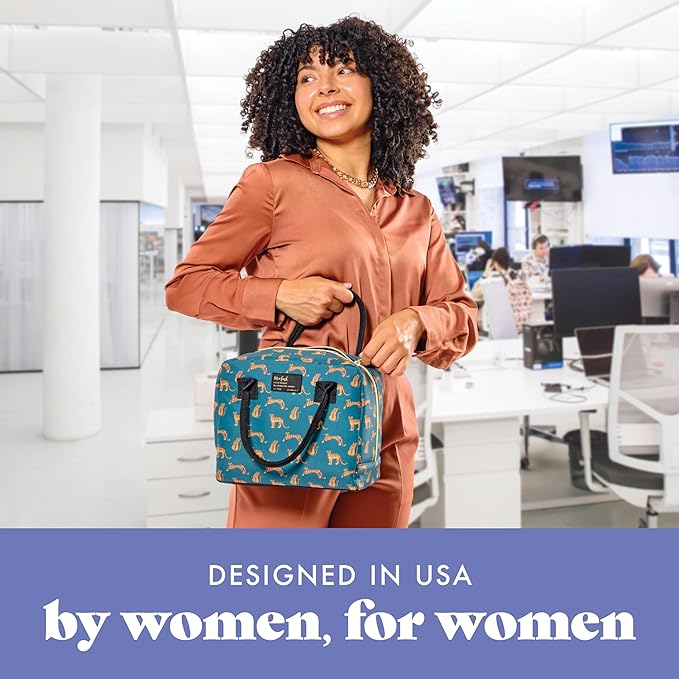 Fit & Fresh Bloomington Lunch Bag for Women - Insulated Large Lunch Box for Work with Containers, Leak-Resistant, Stain-Resistant, Zipper Closure, Teal Cheetah