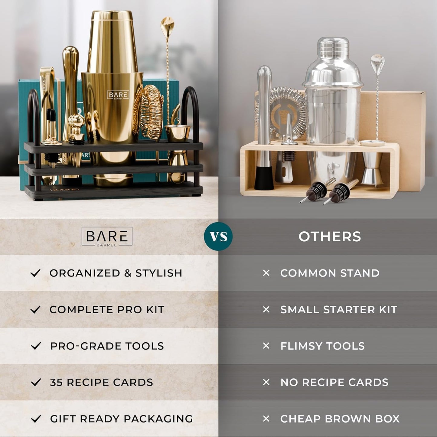 BARE BARREL® Mixology Bartender Kit Bar Set | 14-Piece Cocktail Shaker Set | Martini Barware Mixing Tools for Home Bartending | 35 Recipe Cards | Gift Set (28oz Boston Shaker, Gold/Black)