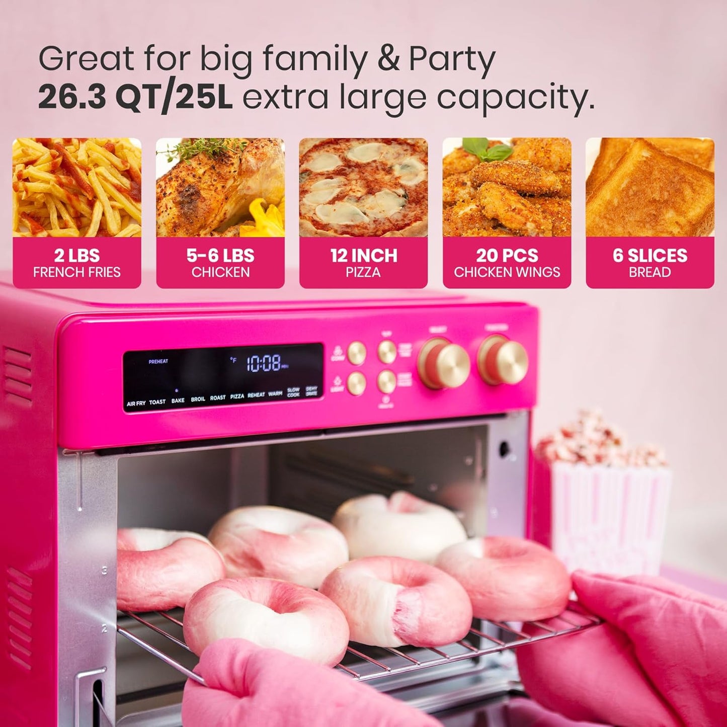 VAL CUCINA Limited Edition Happy Pink Infrared Heating Air Fryer Toaster Oven, Extra Large Countertop Convection Oven 10-in-1 Combo, 6-Slice Toast, Enamel Baking Pan Easy Clean with Recipe Book