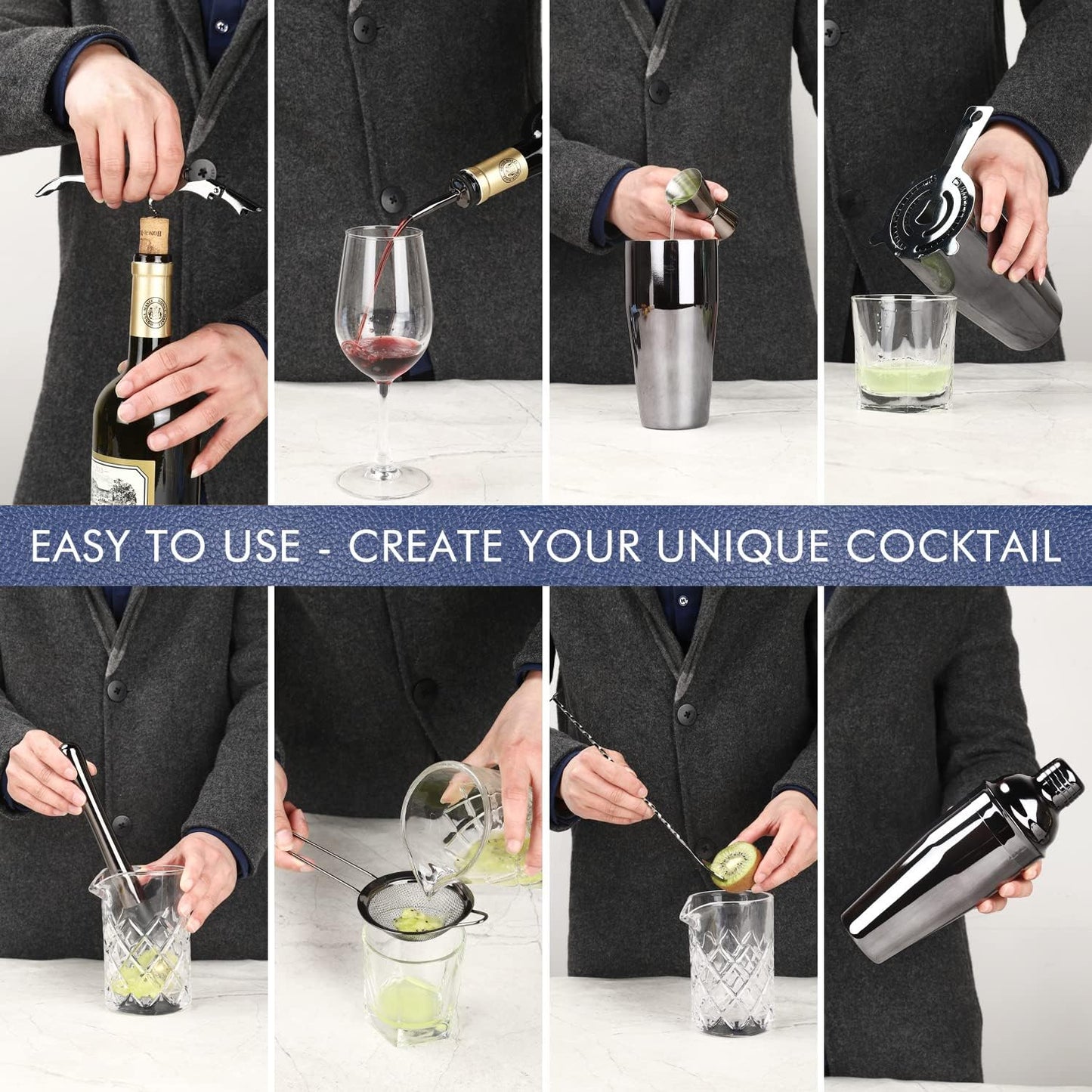 11Pcs-Cocktail Shaker Set Black Bartending Kit 25oz Cocktail Bar Set Cocktail Mix Drink Making Kit Professional Bar and Home Drink Bar Tools for Bartender(Gun-Metal Black)