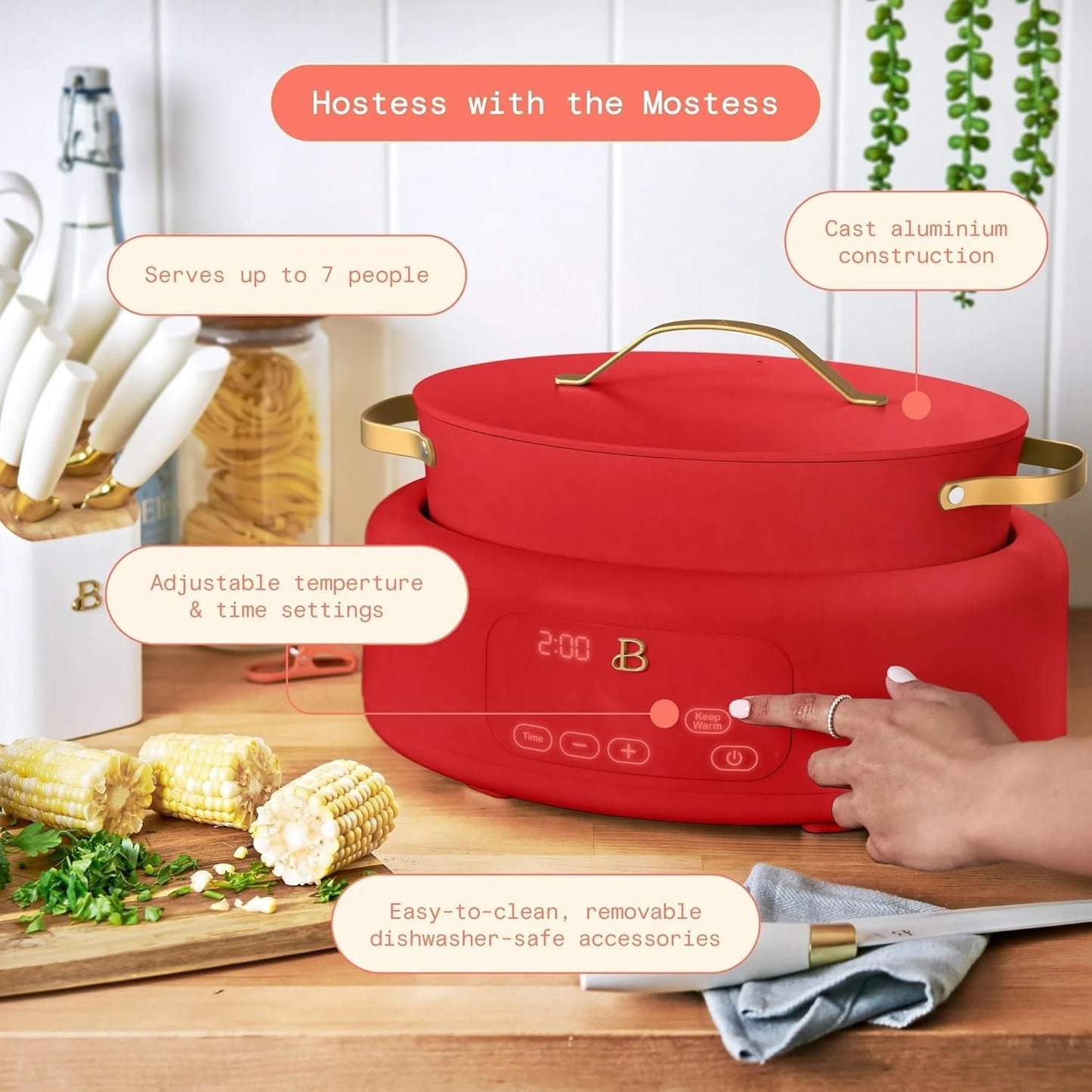 Beautiful 10-in-1 Electric Multi-Cooker by Drew Barrymore, 6-quart, digital display, 10 cooking functions, non-stick pot, easy one-touch control (Tomato Red)