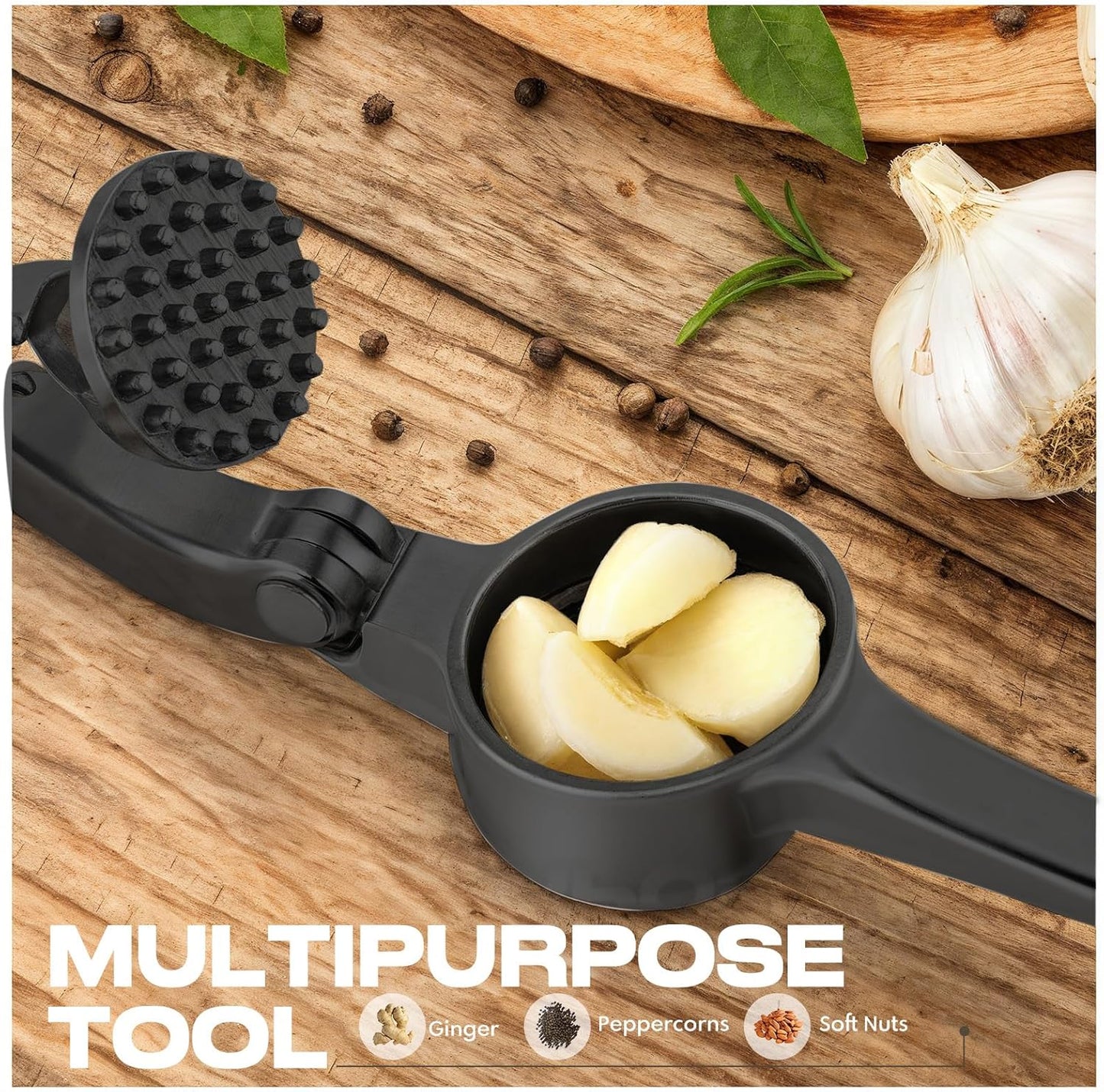 Kitchen Garlic Press, Rust Proof & Dishwasher Safe Garlic Mincer, Durable Garlic Crusher Set with Peeler&Brush, Easy to Clean and Squeeze, Black