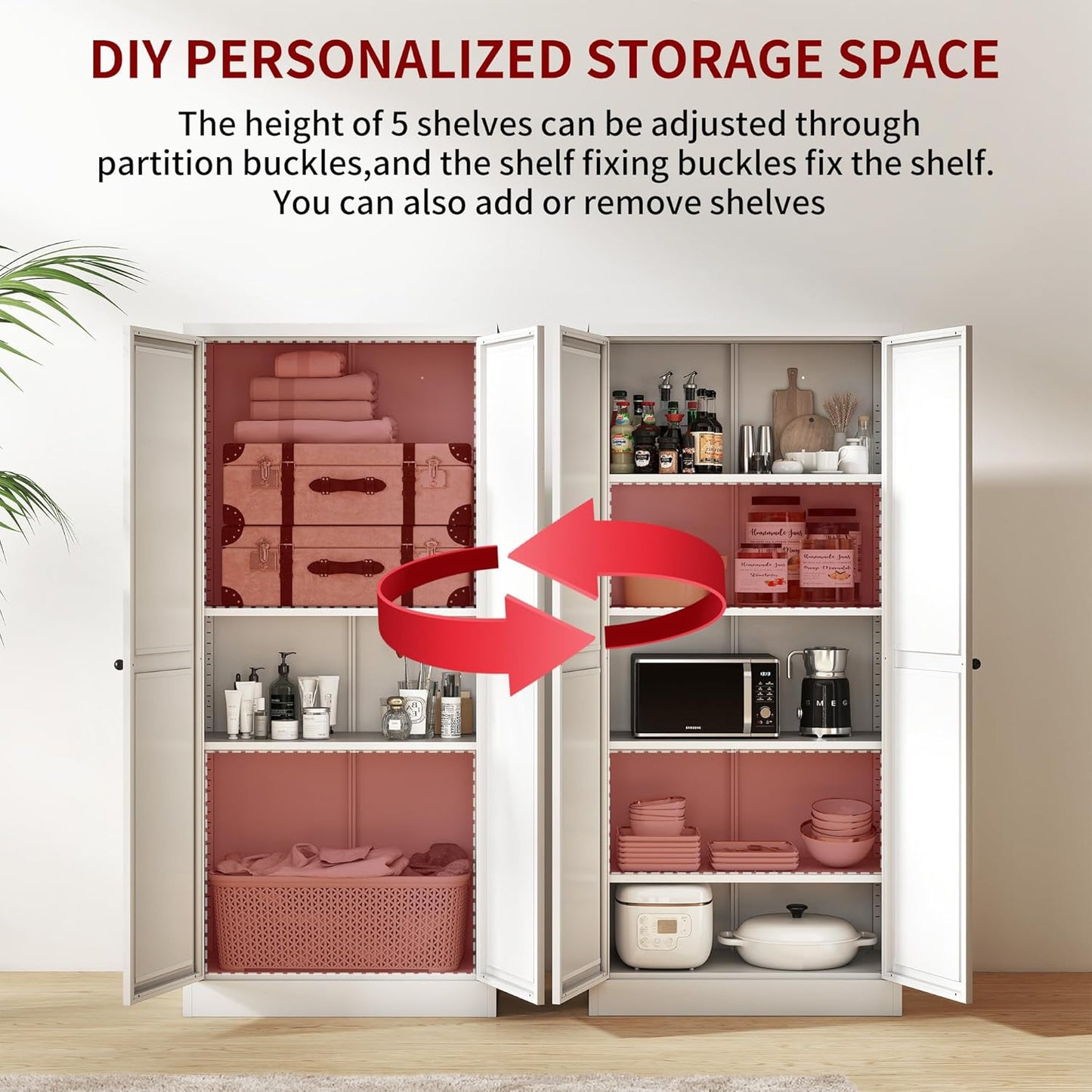 AQY Kitchen Pantry Cabinet,61" White Pantry Storage Cabinet with 4 Tier Adjustable Shelves and 2 Doors,Freestanding Cupboard,Metal Pantry Cabinets with Handle for Living Room Kitchen Assembly Required