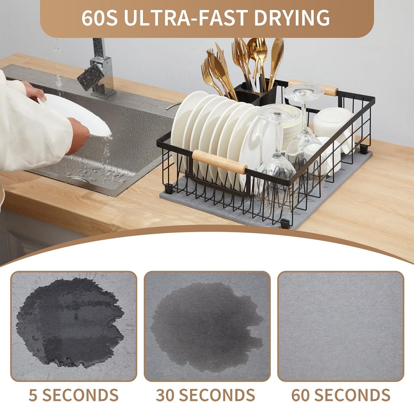 Dish Drying Rack with Stone Drying Mat, Diatomaceous Earth Dish Drying Mat for Kitchen Counter, Dish Drainers with Dish Drying mat