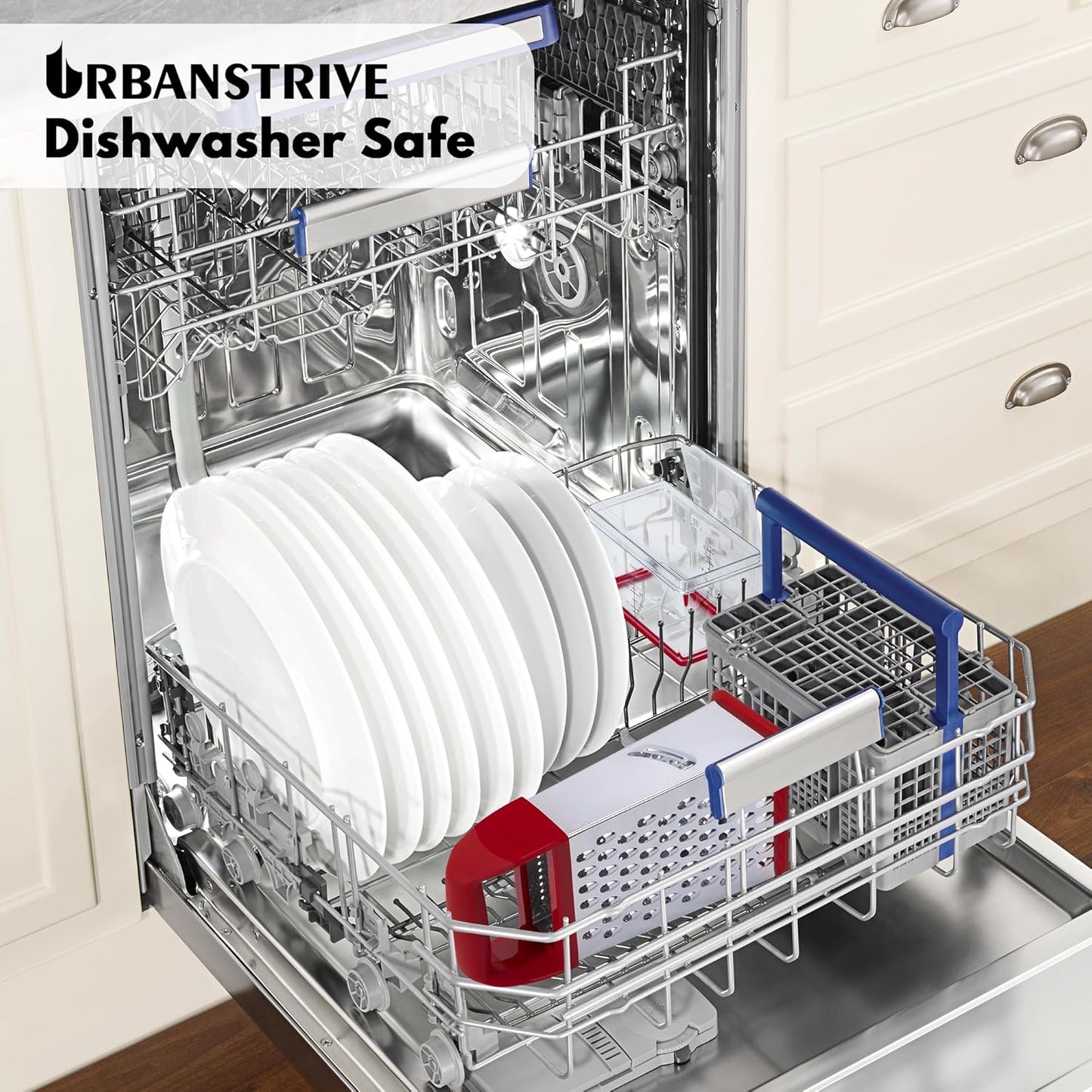 Urbanstrive Cheese Grater With Container, Professional Cheese Grater with Handle, Stainless Steel Graters for Kitchen Handheld, Box Grater with 4 Sides for Vegetables, Ginger, Potatoes (Red)