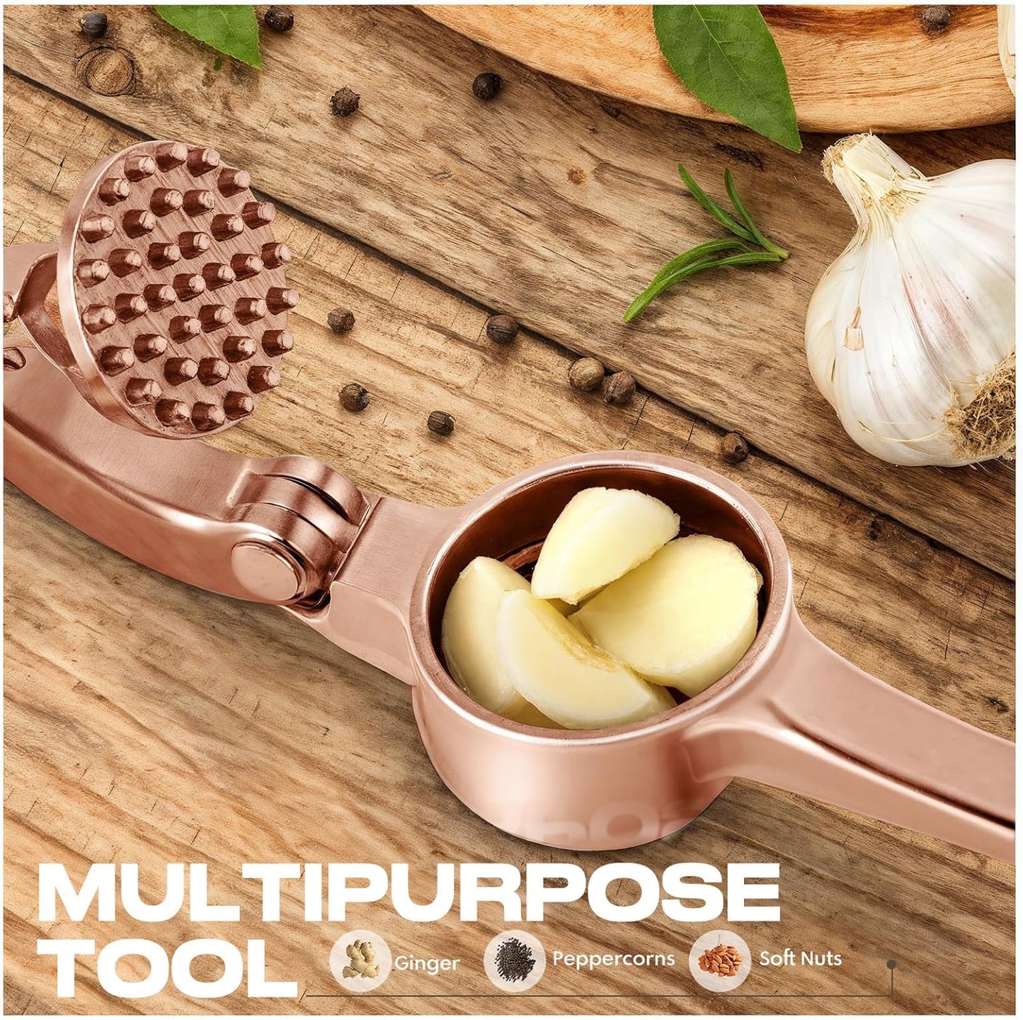 Kitchen Garlic Press, Rust Proof & Dishwasher Safe Garlic Mincer, Durable Garlic Crusher Set with Peeler&Brush, Easy to Clean and Squeeze, Copper