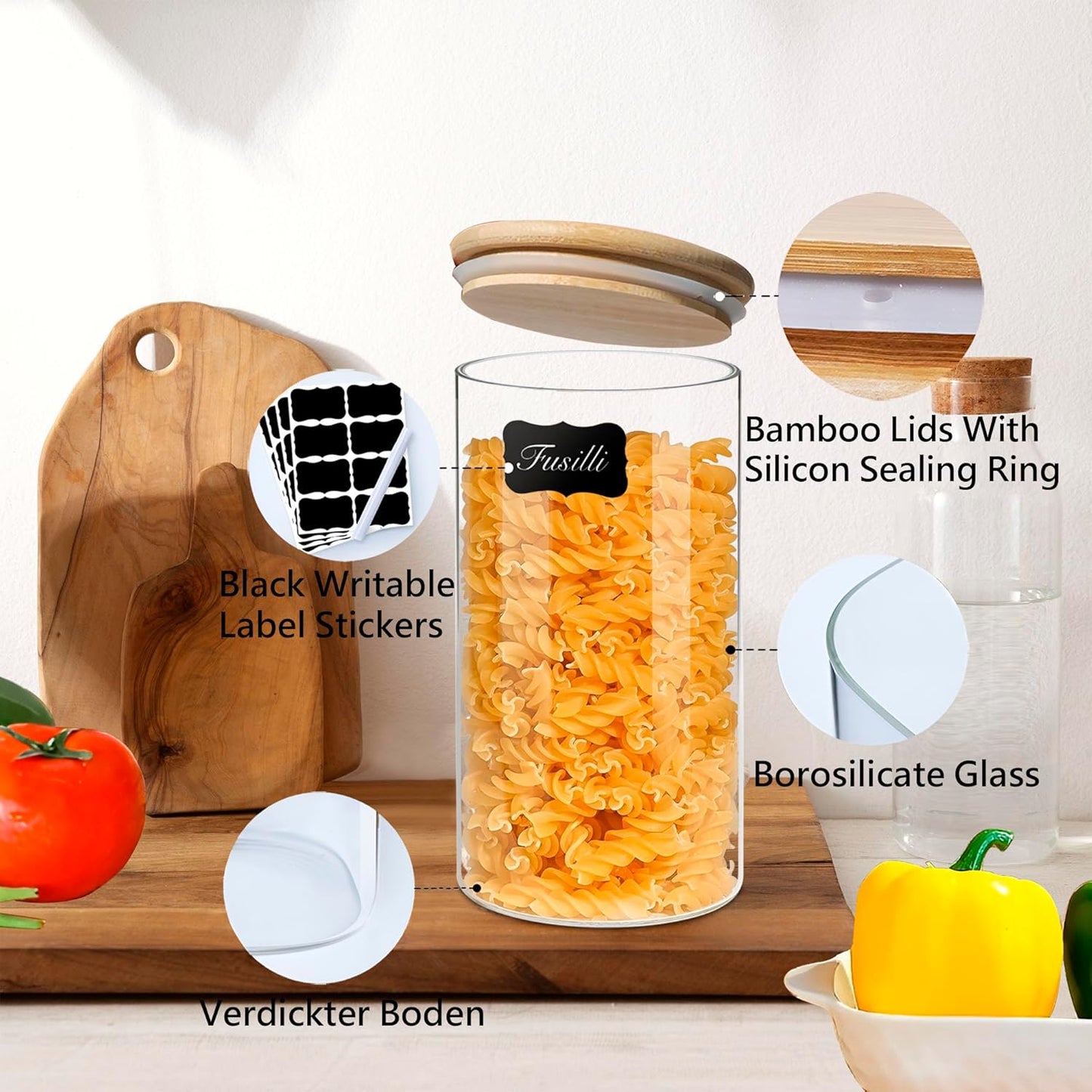 1.5 Qt Round Glass Storage Containers with Lids, Clear Food Storage Container Jar with Sealing Bamboo Lid for Noodles Flour Cereal Rice Sugar Tea Coffee Beans, Round Set of 3