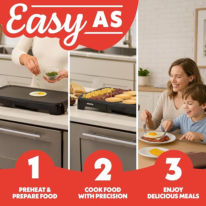 Gourmia 22-Inch XL Electric Griddle Pan - Nonstick Extra Large Ceramic Surface for Breakfast, Pancakes - Non-Toxic Flat Top Cooker - Countertop Kitchen Appliances for Tabletop Indoor Cooking