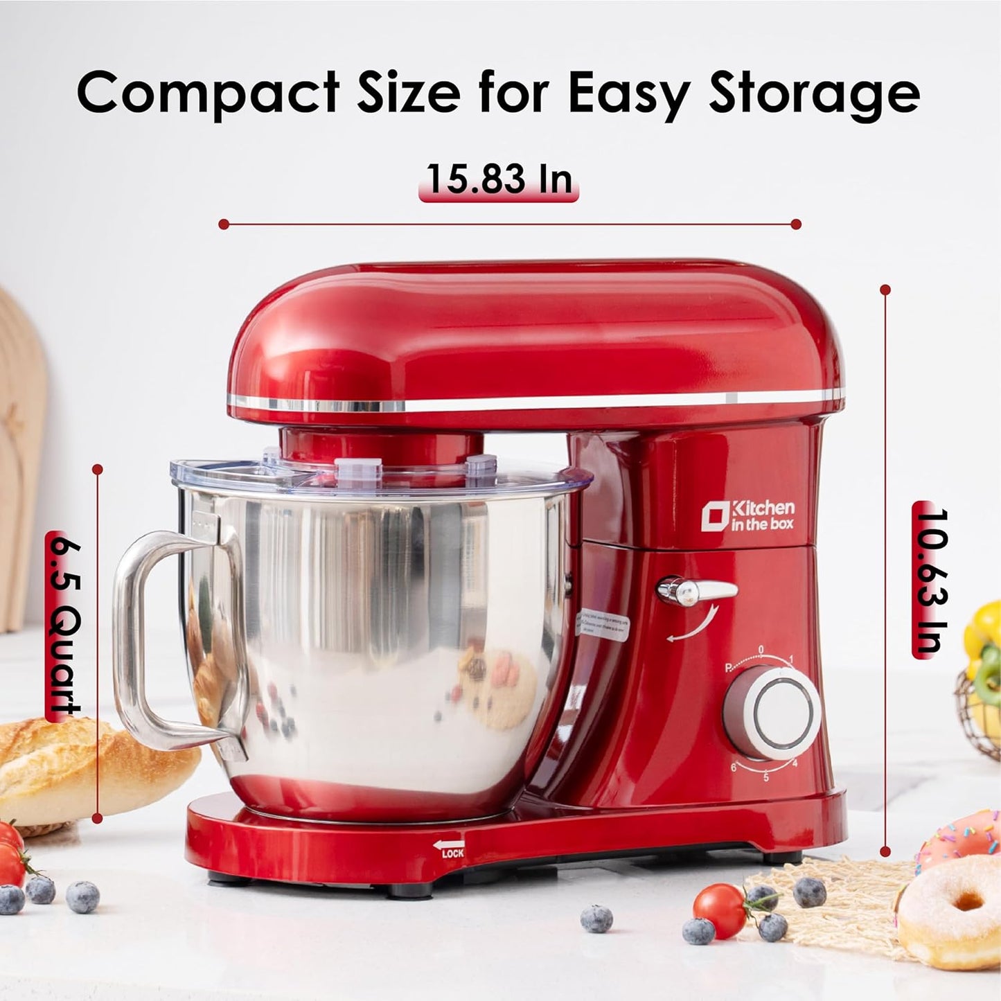 Kitchen in the box Stand Mixer - 6.5 Quart Mixing Bowl with Handle, 900 Watt Powerful Heavy Bread Dough Mixers Tilt-head with Dough Hook, Whisk, Flat Beater and Splash Guard (Red)
