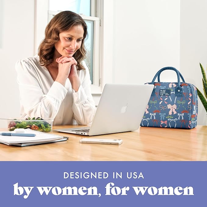 Fit & Fresh Bloomington Lunch Bag for Women - Insulated Large Lunch Box for Work with Containers, Leak-Resistant, Stain-Resistant, Zipper Closure, Denim Bows