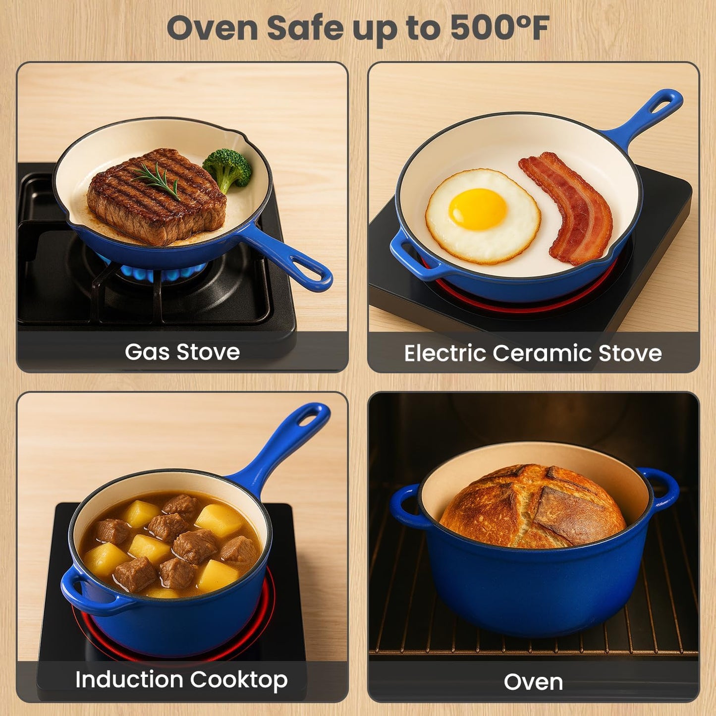 QuliMetal Nonstick Enameled Cast Iron Cookware Set, 5 Pcs Pots and Pans with Lid, Skillet, Frying Pan, Saucepan & Dutch Oven for All Stovetops, PFA Free - Ideal for Sourdough Bread Baking