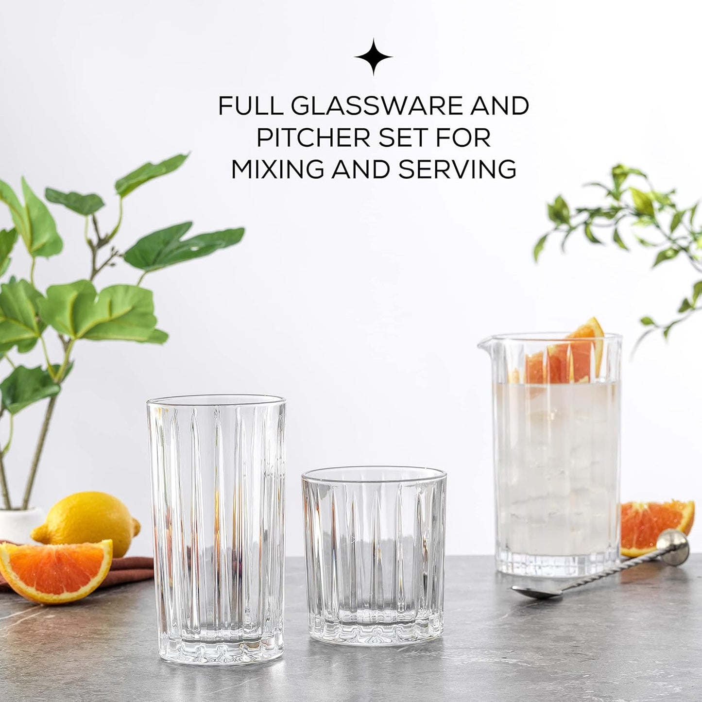 JoyJolt Drinking Glasses Set of 8, Alina Ribbed Glassware. 12oz Rocks Glass and 14oz Highball Glass set. Cocktail Glasses, Iced Coffee Cup or Water cups. Heavy Base Glassware Set
