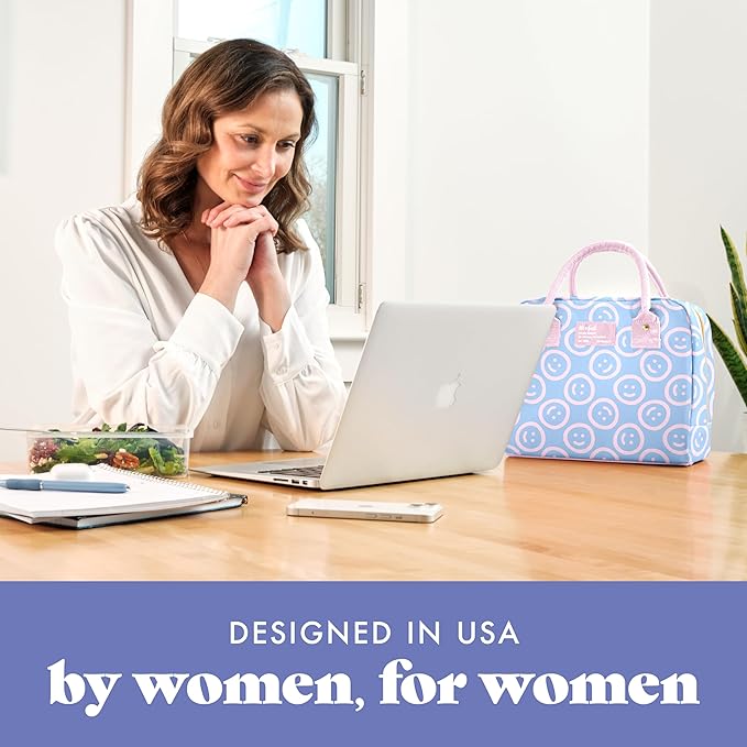 Fit & Fresh Bloomington Lunch Bag for Women - Insulated Large Lunch Box for Work with Containers, Leak-Resistant, Stain-Resistant, Zipper Closure, All Smiles Bubble Gum