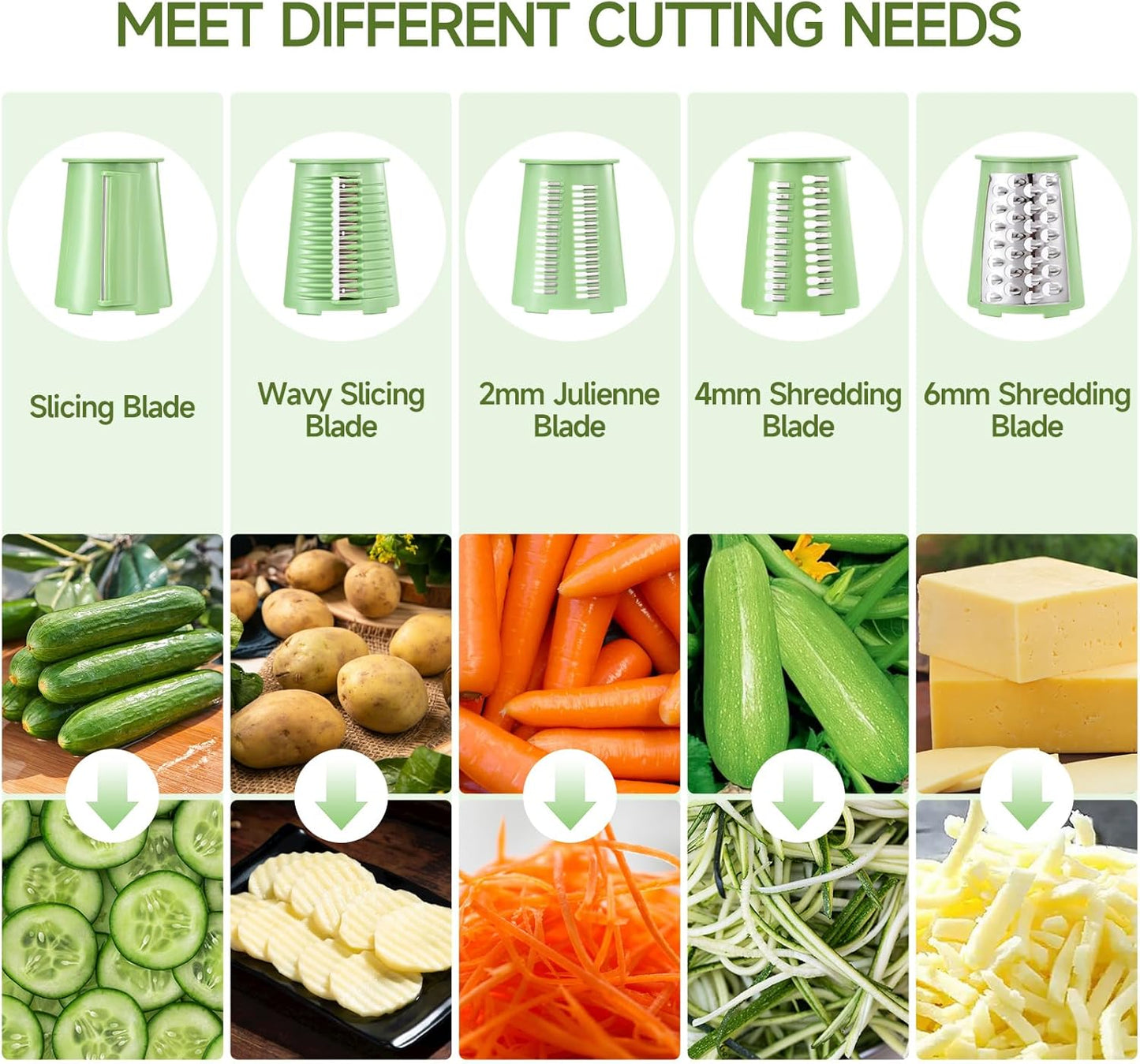 Xilrvna RotaryCheeseGrater,VegetableShredder 5 in 1 Cheese GraterwithHandleedderReinforcedSuction,EasytoClean,KitchenChopperforCrushedIce,Fruits and Nuts with Blade StorageCase(light green)