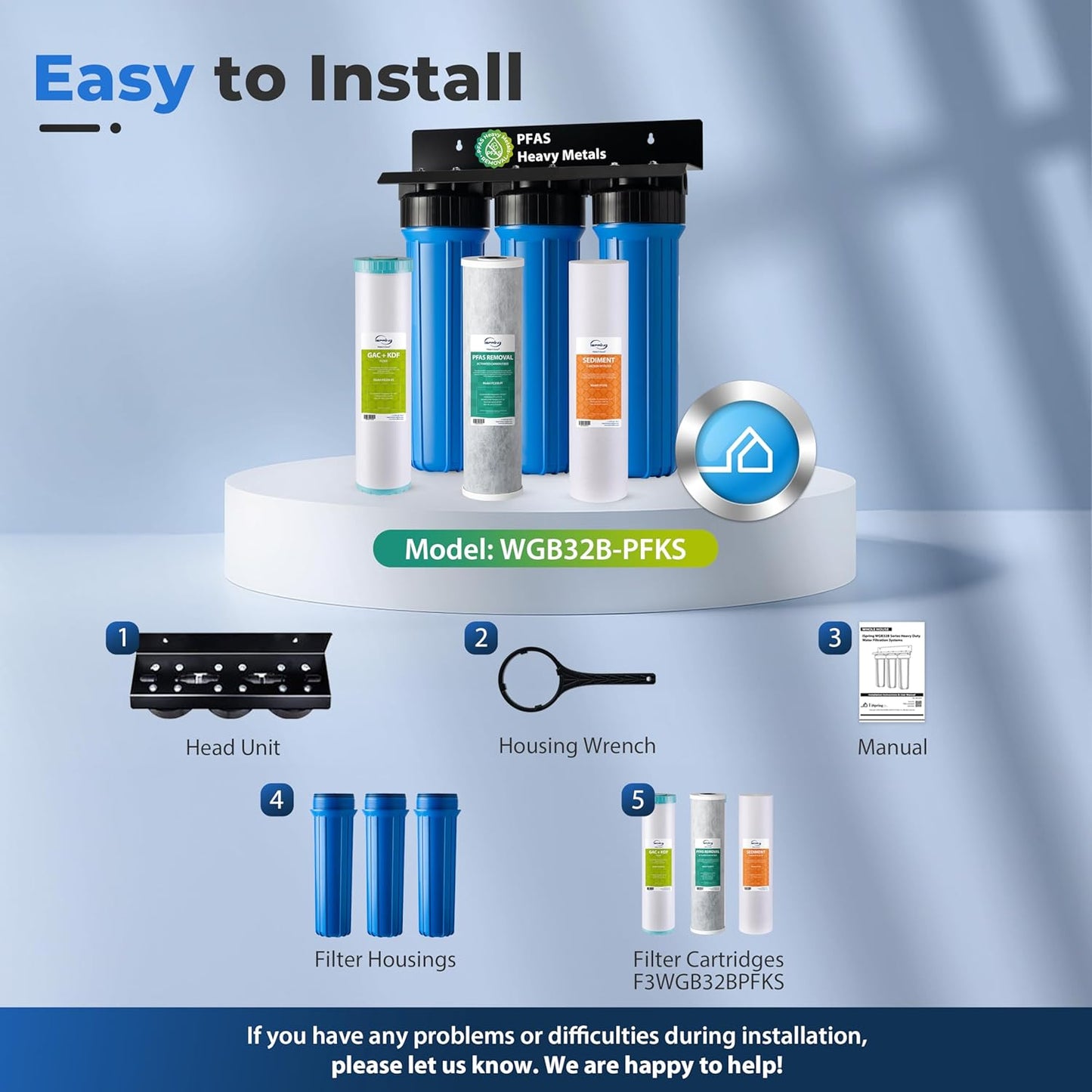 iSpring PFAS & Heavy Metals Whole House Water Filter System, SGS-Tested to Reduce Up to 99% PFOA & PFOS 3-Stage Filtration Removes Sediment, Lead, 20” x 4.5” Filters 1” Inlet/Outlet Model: WGB32B-PFKS
