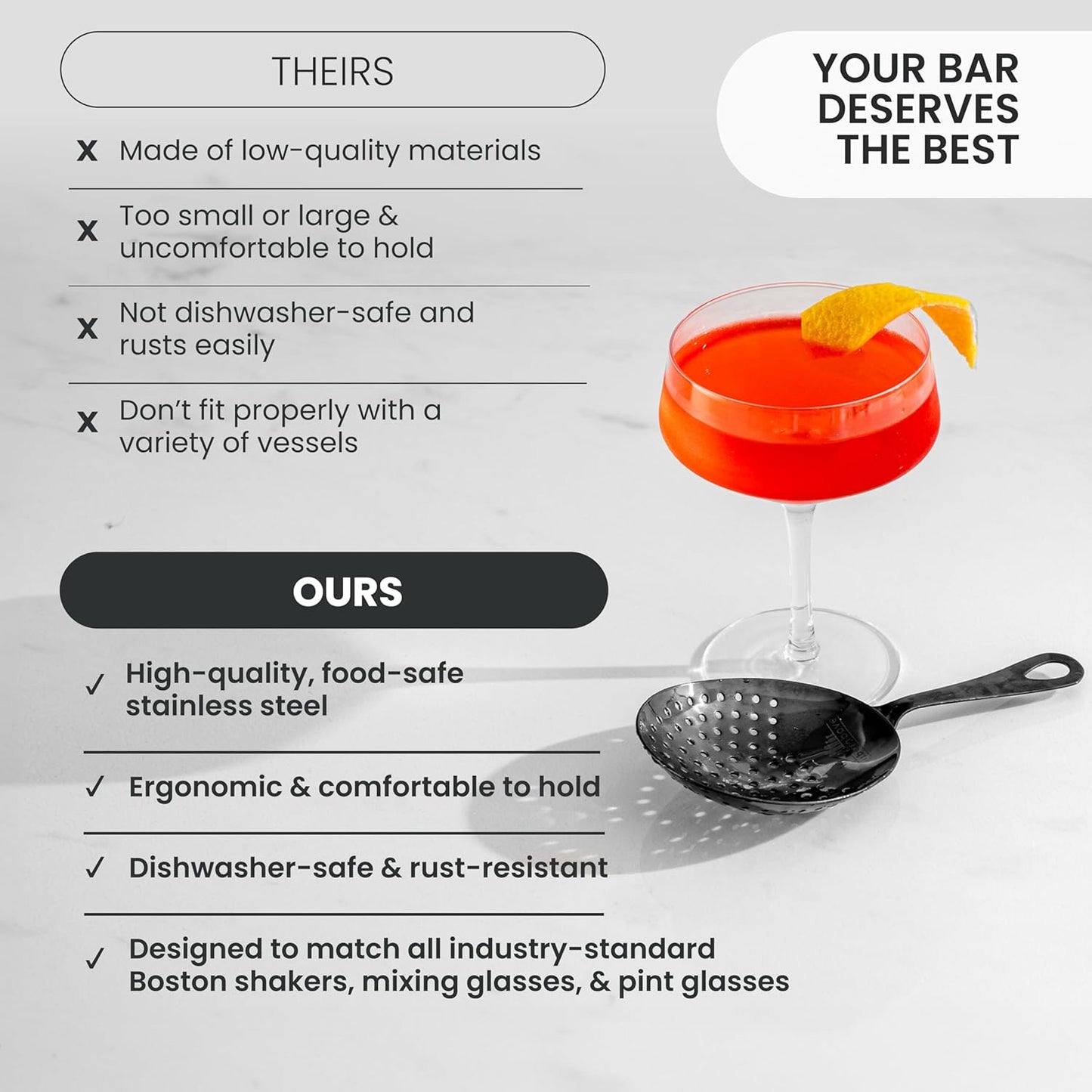 A Bar Above Stainless Steel Julep Strainer, 304 Metal Cocktail Sieve for Spirit-Forward Drinks, Rounded Handle Bartender Tool for Mixing Glasses and Shakers, Professional-Grade Drink Strainer