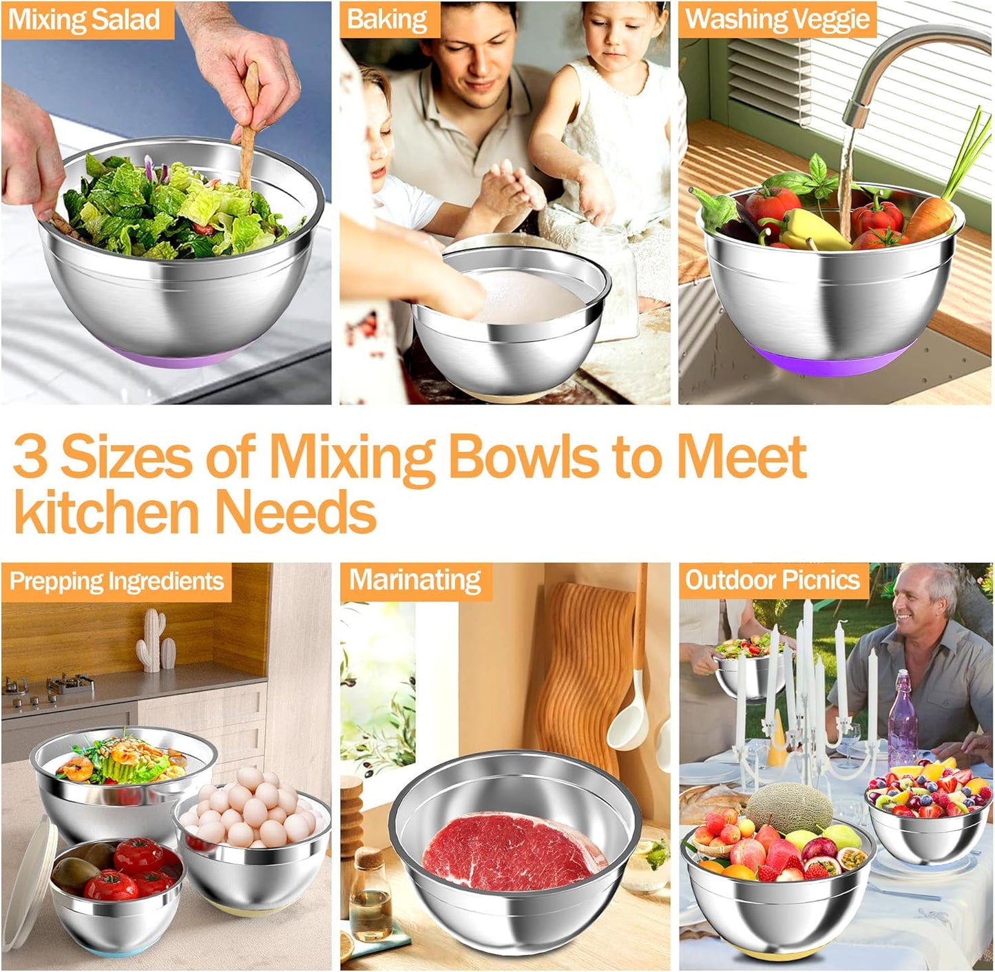 Mixing Bowls with Airtight Lids, Stainless Steel Mixing Bowl Set with 3 Metal Nesting Bowls, Colander & Grater, Non-Slip Bottoms, Size 1.5, 2.5, 5 QT, Great for Mixing & Serving, Mutilcolor