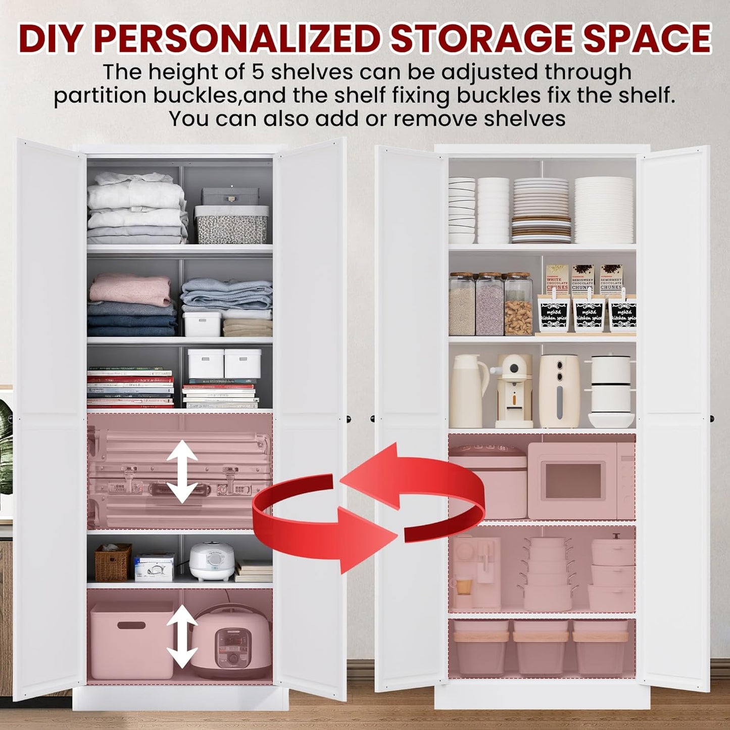 AQY Kitchen Pantry Cabinet,72" White Pantry Storage Cabinet with 5 Tier Adjustable Shelves and 2 Doors,Freestanding Cupboard,Metal Pantry Cabinets with Handle for Living Room Kitchen Assembly Required