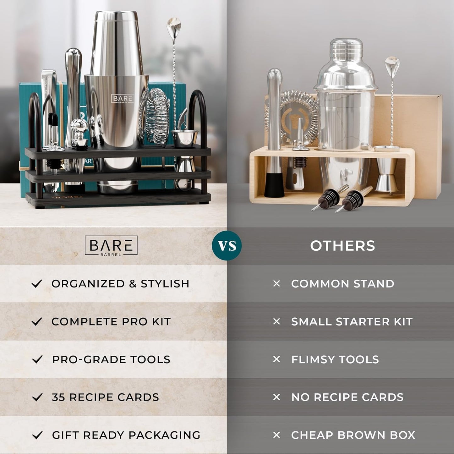 BARE BARREL® Mixology Bartender Kit Bar Set | 14-Piece Cocktail Shaker Set | Martini Barware Mixing Tools for Home Bartending | 35 Recipe Cards | Gift Set (28oz Boston Shaker, Silver/Black)