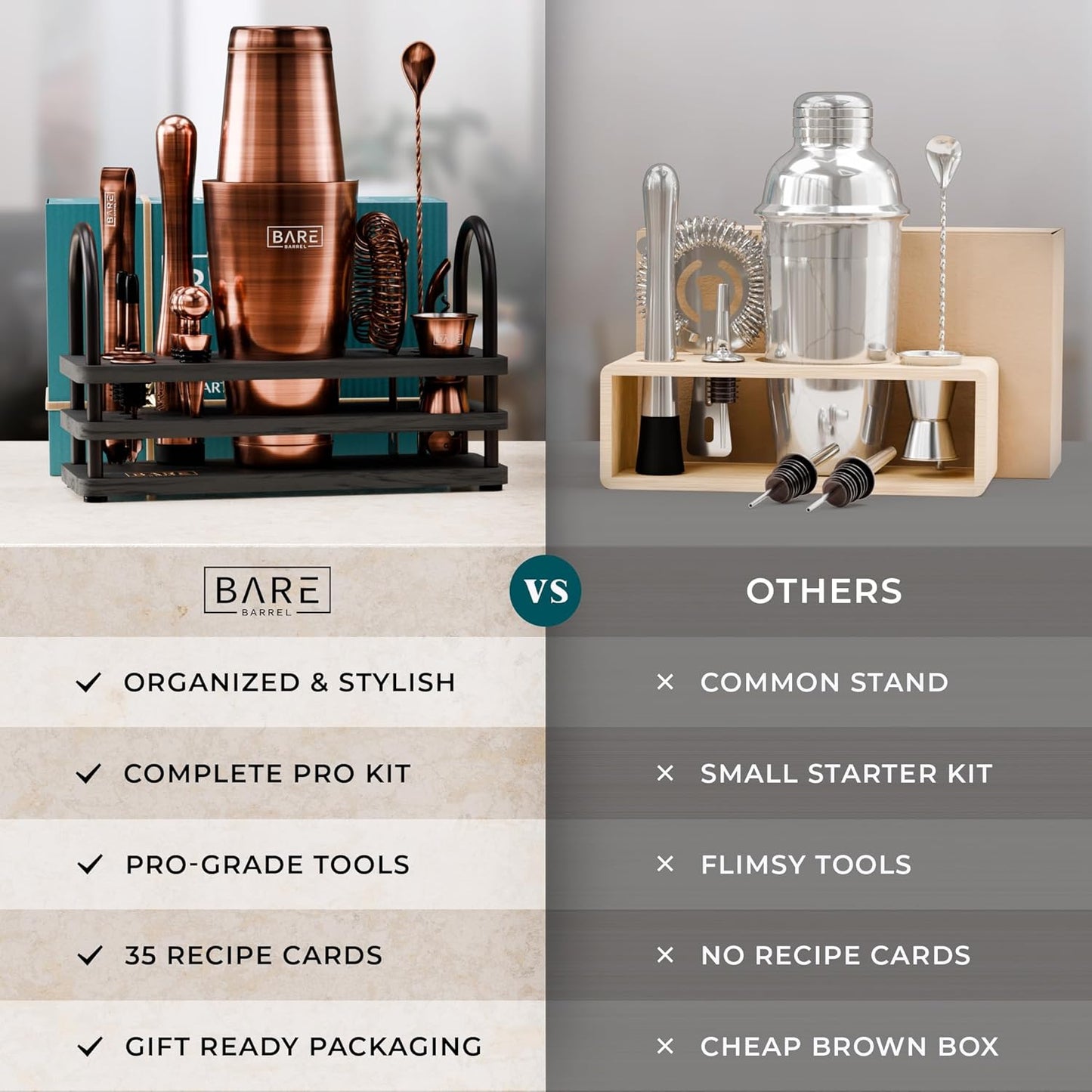 BARE BARREL® Mixology Bartender Kit Bar Set | 14-Piece Cocktail Shaker Set | Martini Barware Mixing Tools for Home Bartending | 35 Recipe Cards | Gift Set (28oz Boston Shaker, Copper/Black)