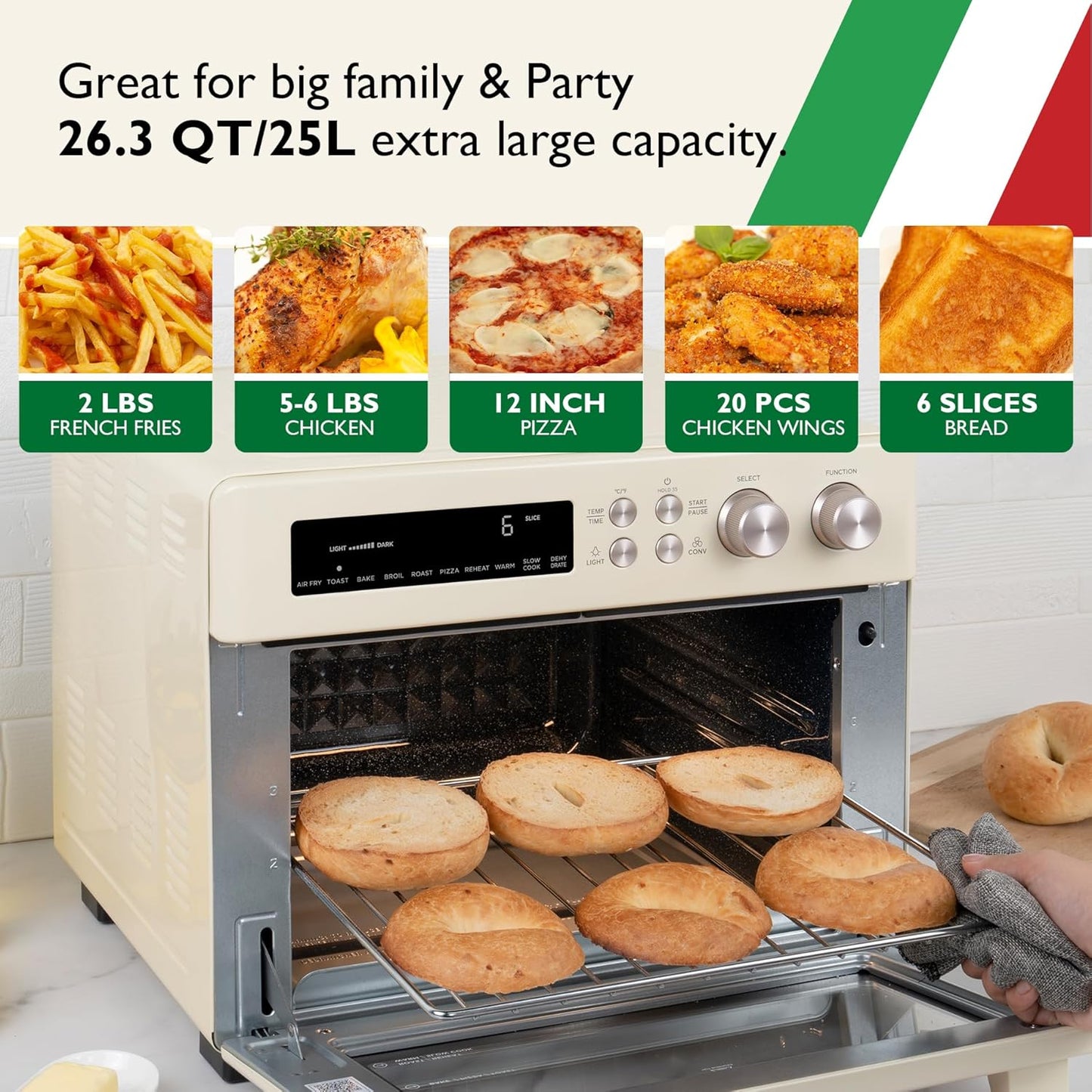 VAL CUCINA Air Fryer Toaster Oven Combo 10-in-1 Countertop Oven with Graphene Heating and True Convection, Non-Toxic Enamel Interior, Bake 12" Pizza, 6 Slices Toast, with Enamel Baking Pan Easy Clean