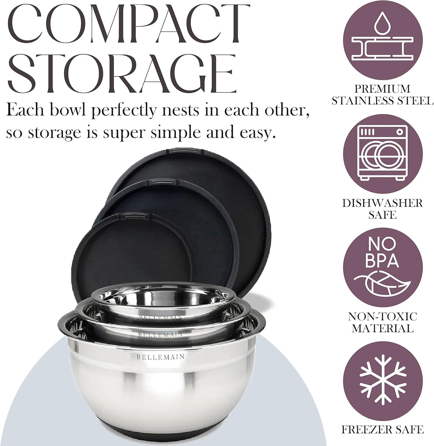 Bellemain Stainless Steel Non-Slip Mixing Bowls with Lids (5 Piece, Silver/Black)