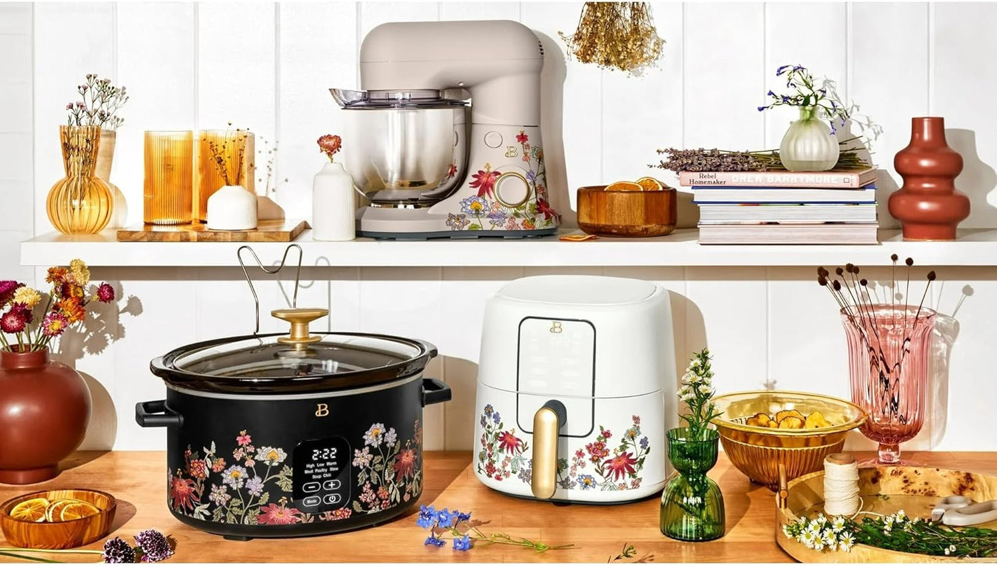 Beautiful 6 Qt Programmable Slow Cooker by Drew Barrymore - 5 Preset Cooking Functions, Digital Countdown Timer, Dishwasher-Safe Parts, and Cool-Touch Handles (Black) (Wildflower Black)