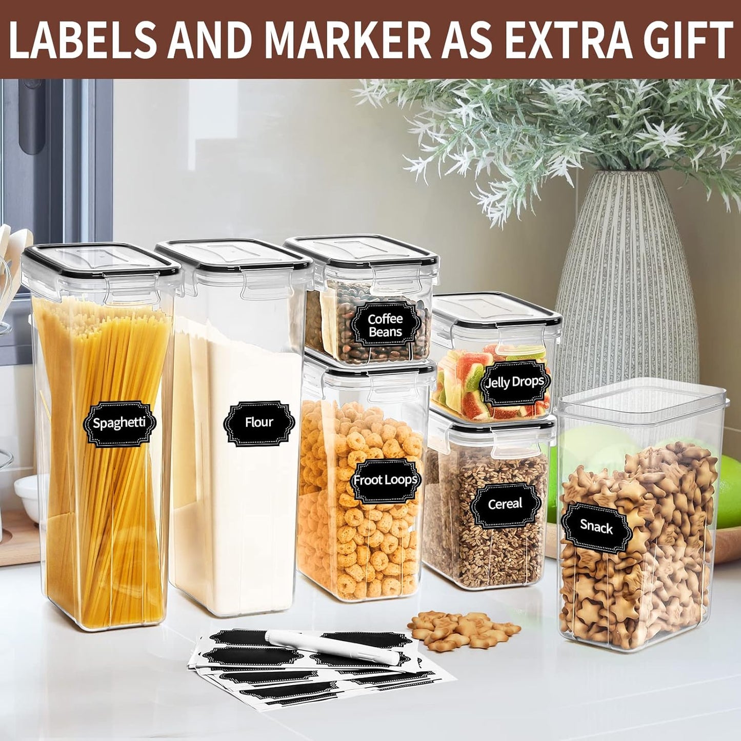 PRAKI Airtight Food Storage Containers Set with Lids - 24 PCS, BPA Free Kitchen and Pantry Organization, Plastic Leak-proof Canisters for Cereal Flour & Sugar - Labels & Marker