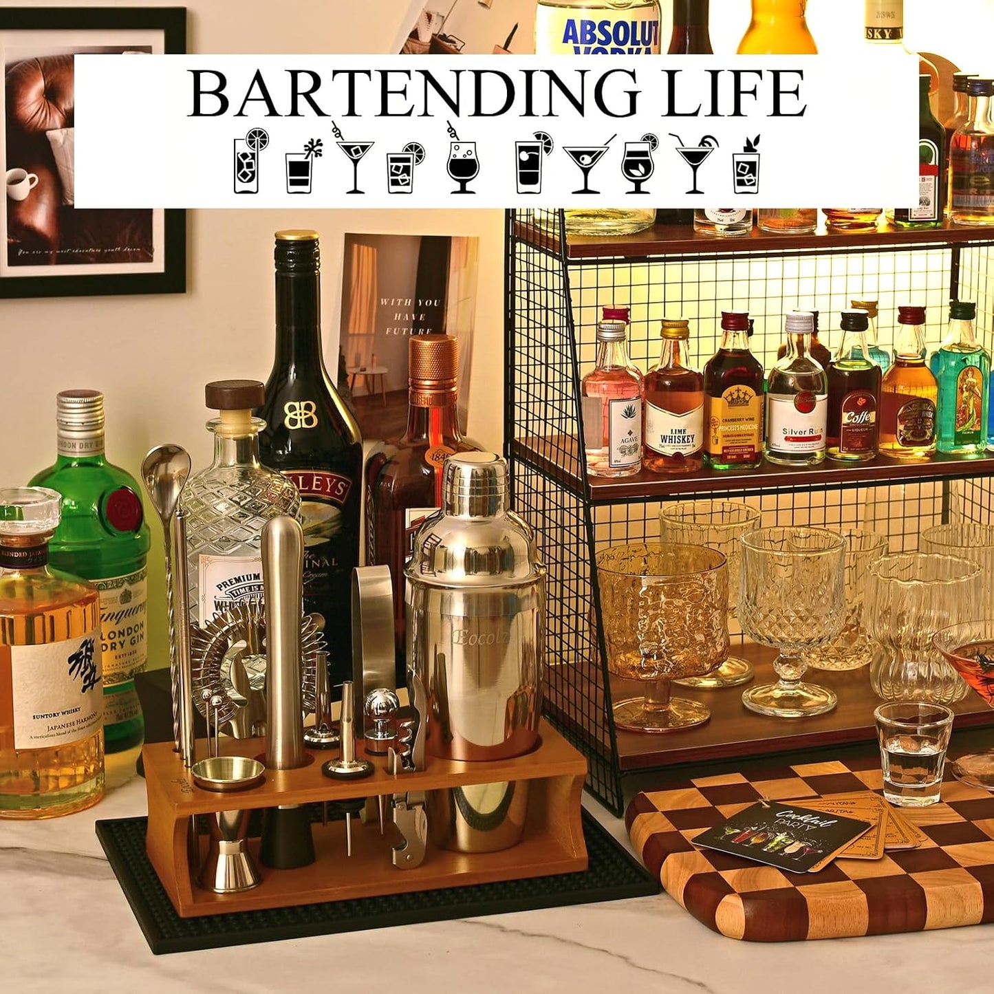 Bartender Kit Cocktail Shaker Set with Stand Bar Tool Bar Set for Drink Mixing Home Bartending Kit 17-Piece Bar Cart Accessories: Martini Shaker, Mixer Spoon, Jigger, Muddler, Strainer & Recipes Gifts