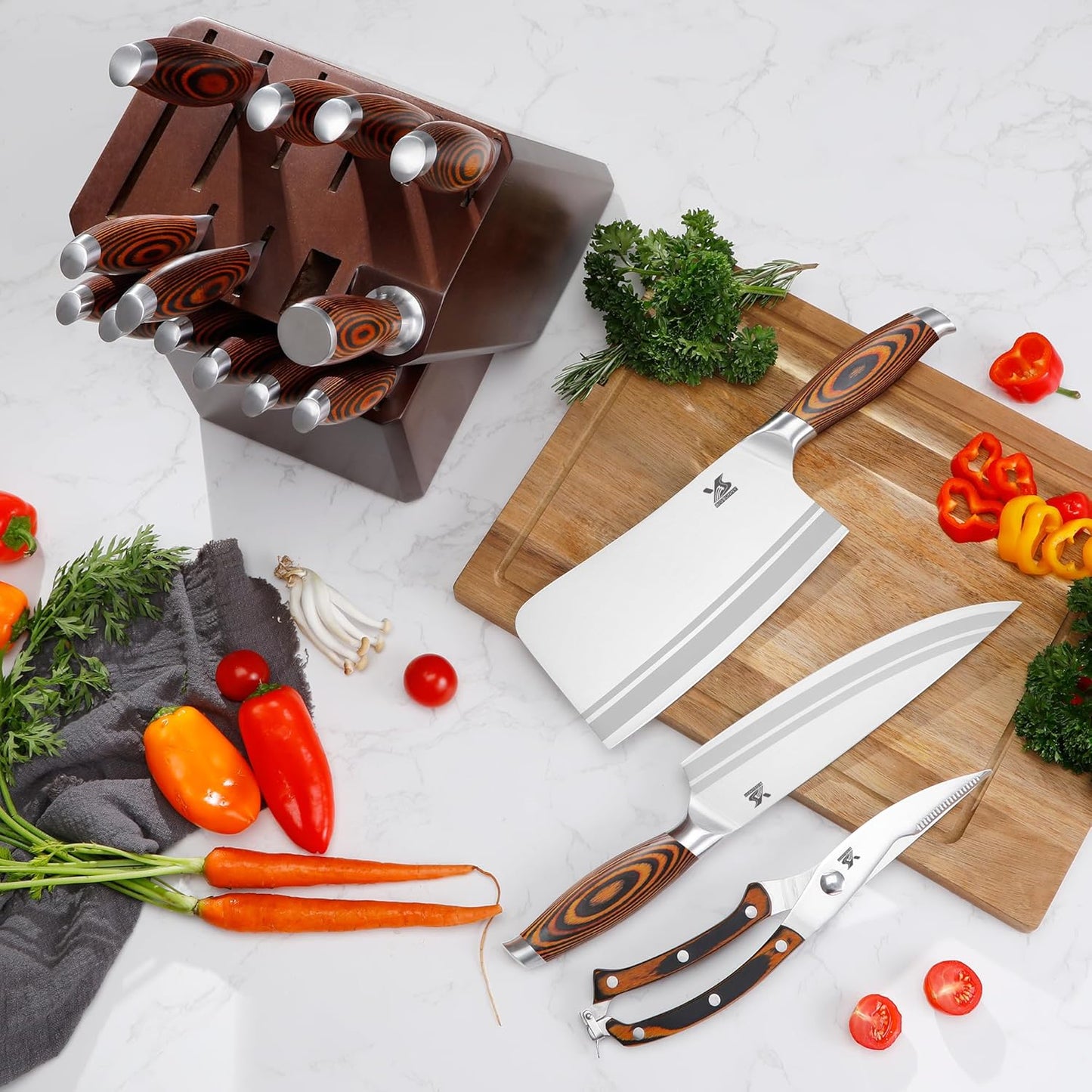 MSY BIGSUNNY Knife Block Set 17-piece Knife Set with Wooden Block - German Steel Perfect Cutlery Set Gift