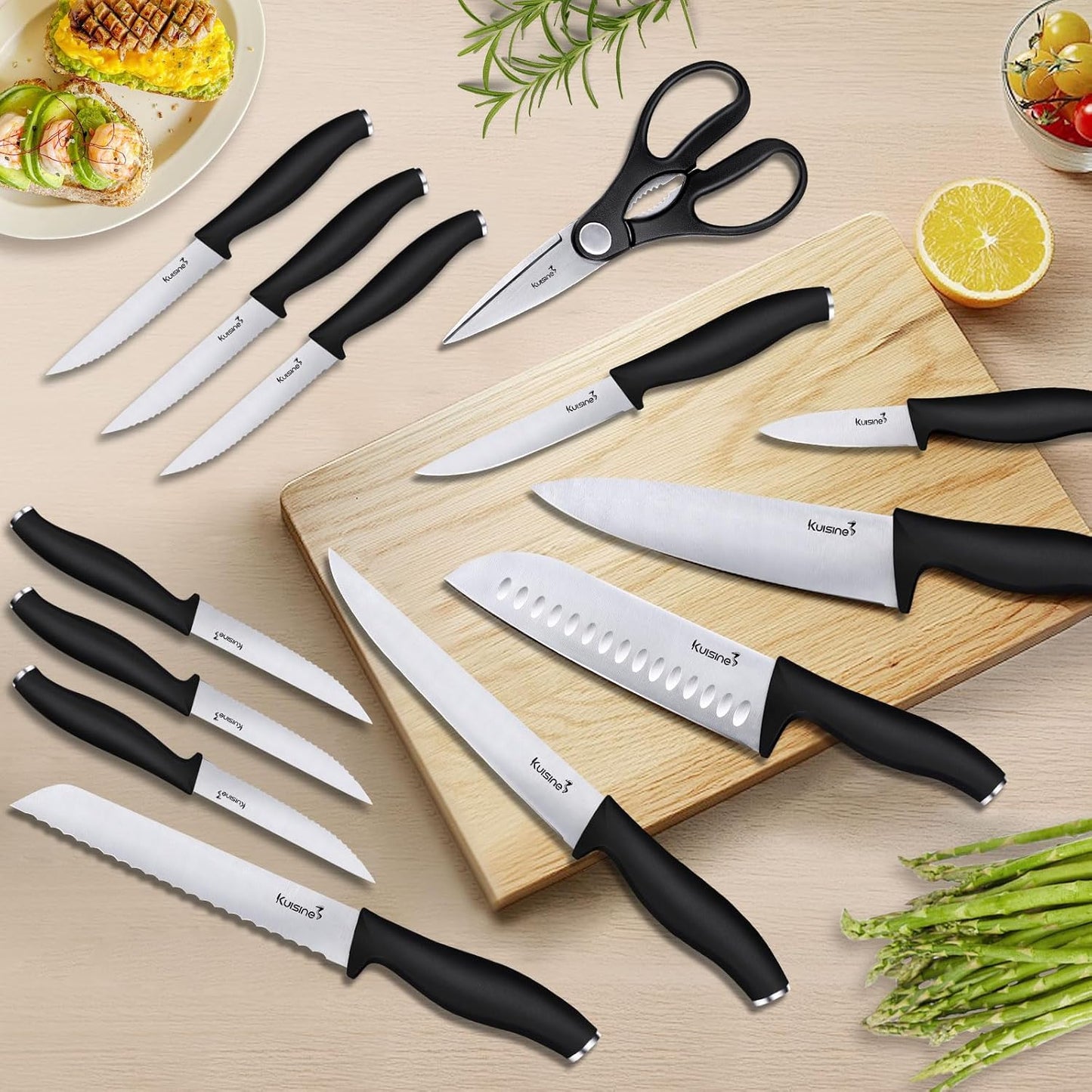 Kuisine Chef Knife Set,High Carbon Stainless Steel Ultra Sharp Blade Ergonomic Handle,Kitchen Knife Block Set with Built-in Sharpener, Elegant Gift for Holiday(Acacia,15PCS)