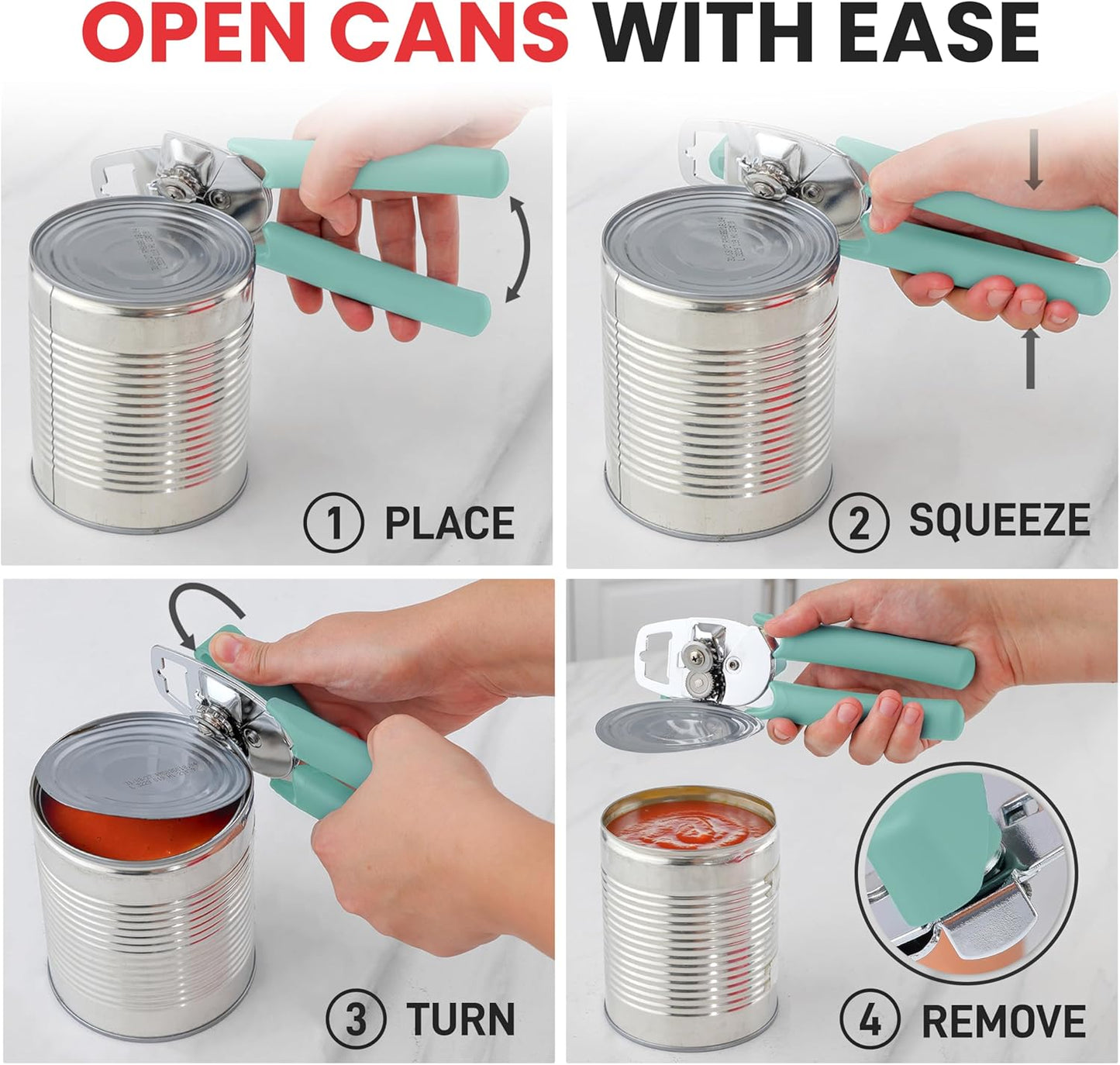Zulay Kitchen Heavy Duty Stainless Steel Manual Can Opener – Ergonomic Soft Grip Handles, Smooth Edge Cutting Wheel & Large Built In Bottle Opener – Easy Turn Knob for Effortless Use - Mint