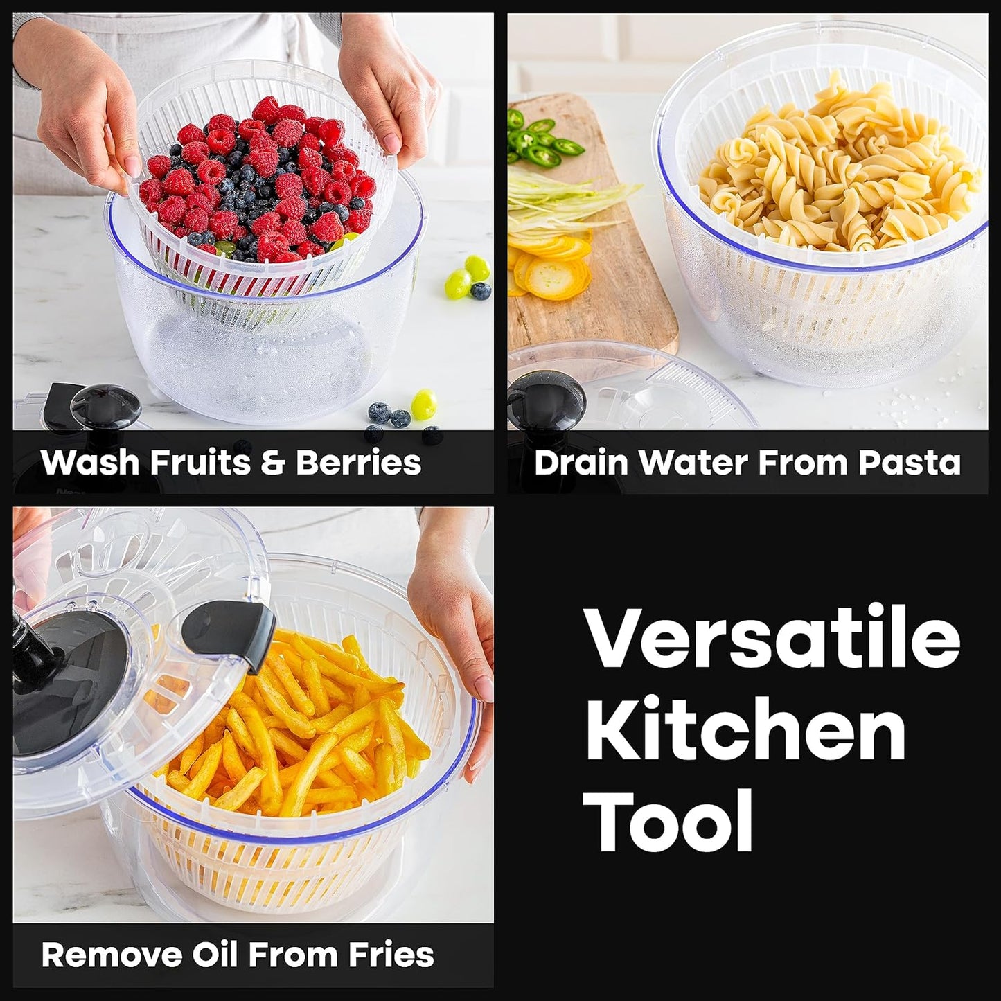 Joined Large Salad Spinner with Drain, Bowl, and Colander - Quick and Easy Multi-Use Lettuce Spinner, Vegetable Dryer, Fruit Washer, Pasta and Fries Spinner - 5.28 Qt