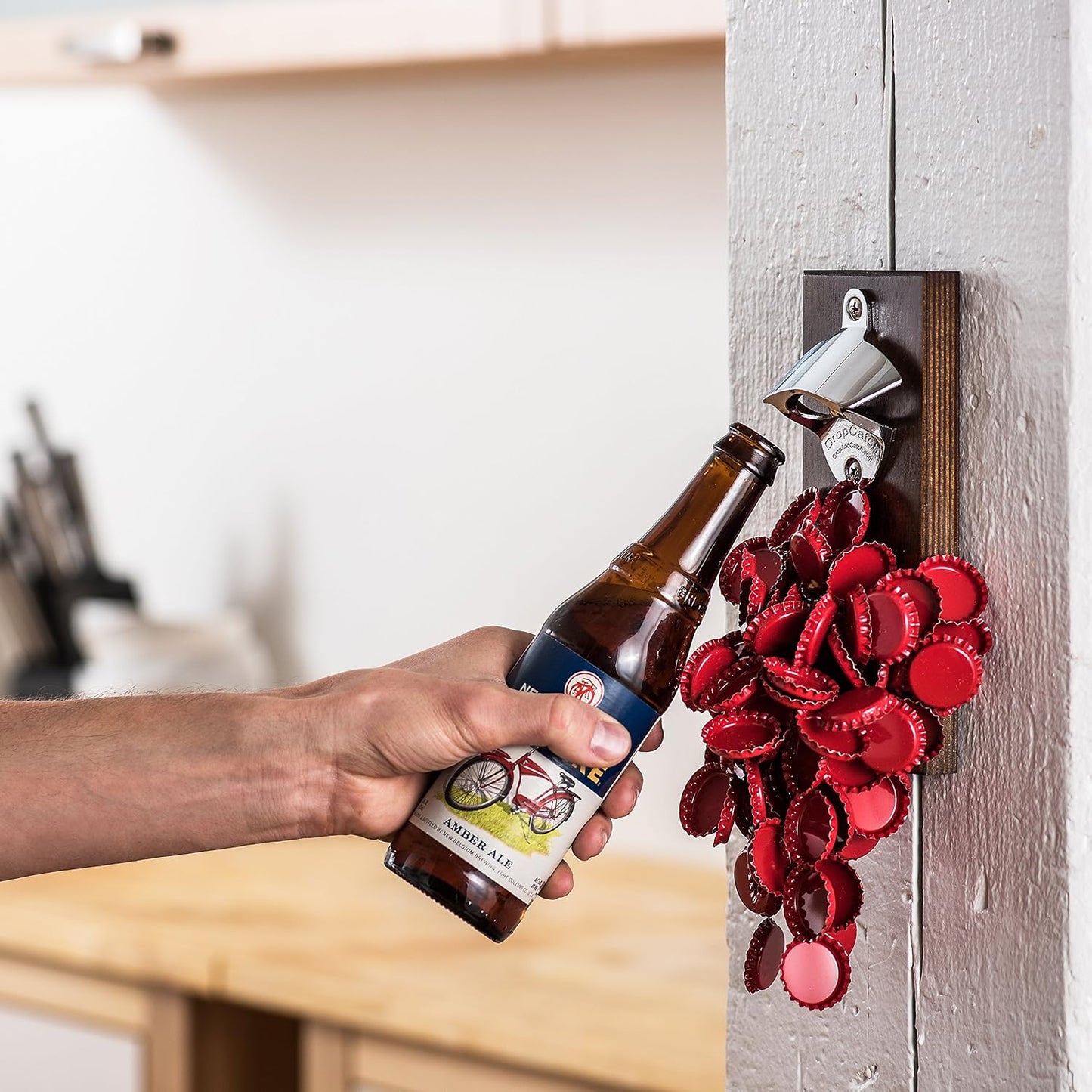 Dropcatch Magnetic Bottle Opener | Beer Cap Catcher | Wall Mount Beer Opener with Auto Catch Function | Install magnetically or Wall Mounted | Walnut Finish | Porter - Holds Up to 70 Caps